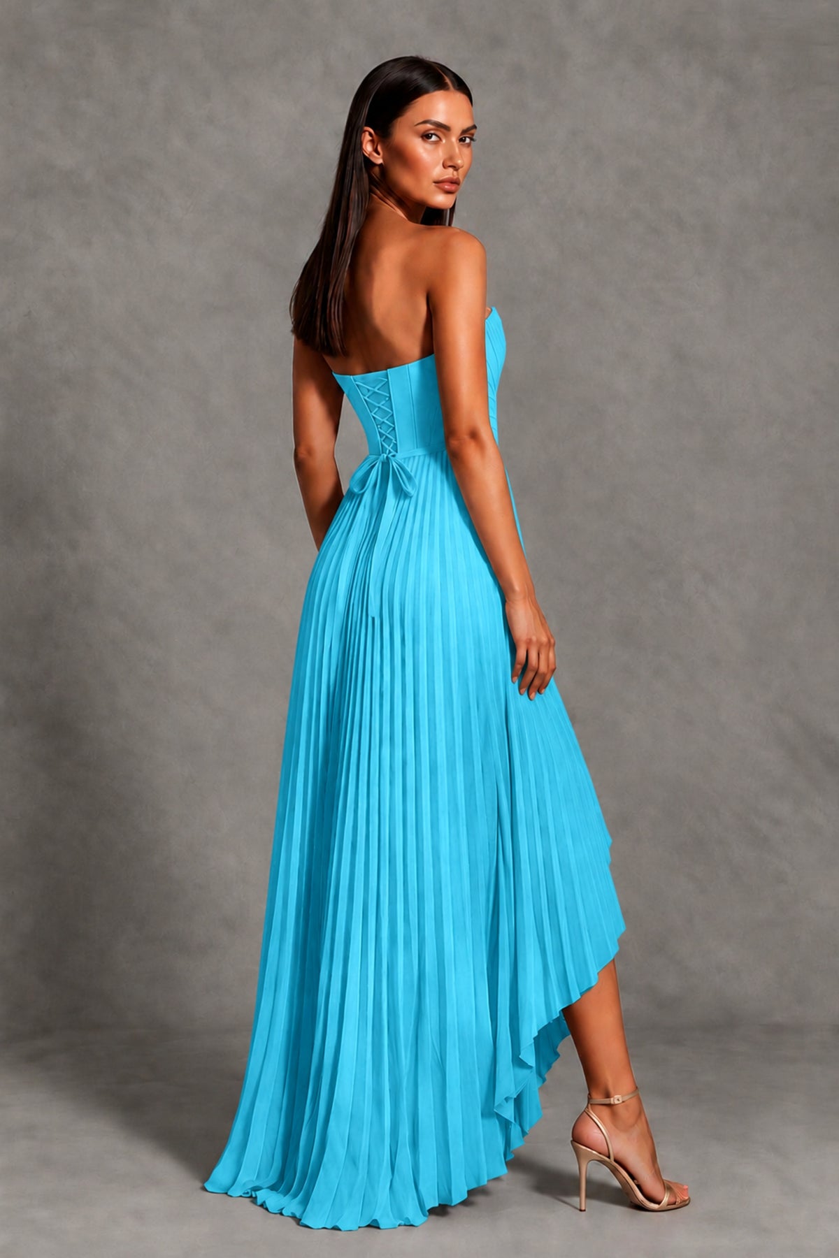 Pool Strapless Pleated High-Low Evening Gown with Ruffle Hem - Pool - Pool_2