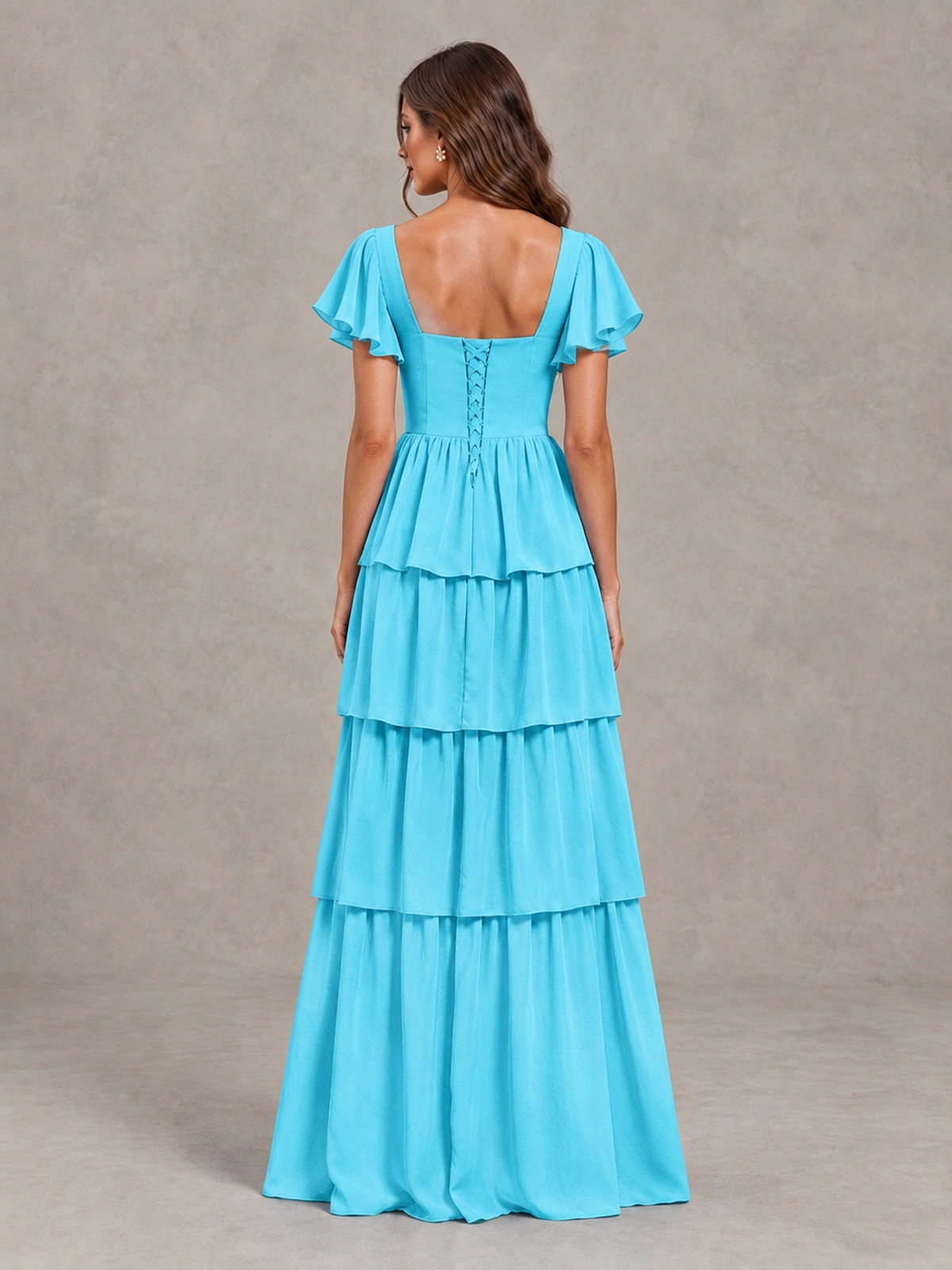 BOLODOO Pool Flutter Sleeve Tiered Maxi Bridesmaid Dress - Pool - Pool_2