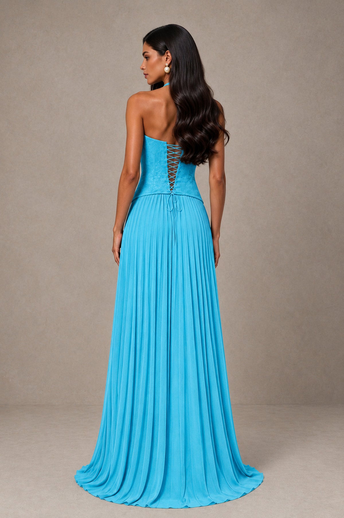 BOLODOO Pool Halter Corset Pleated A-Line Evening Dress - Pool - Pool_2