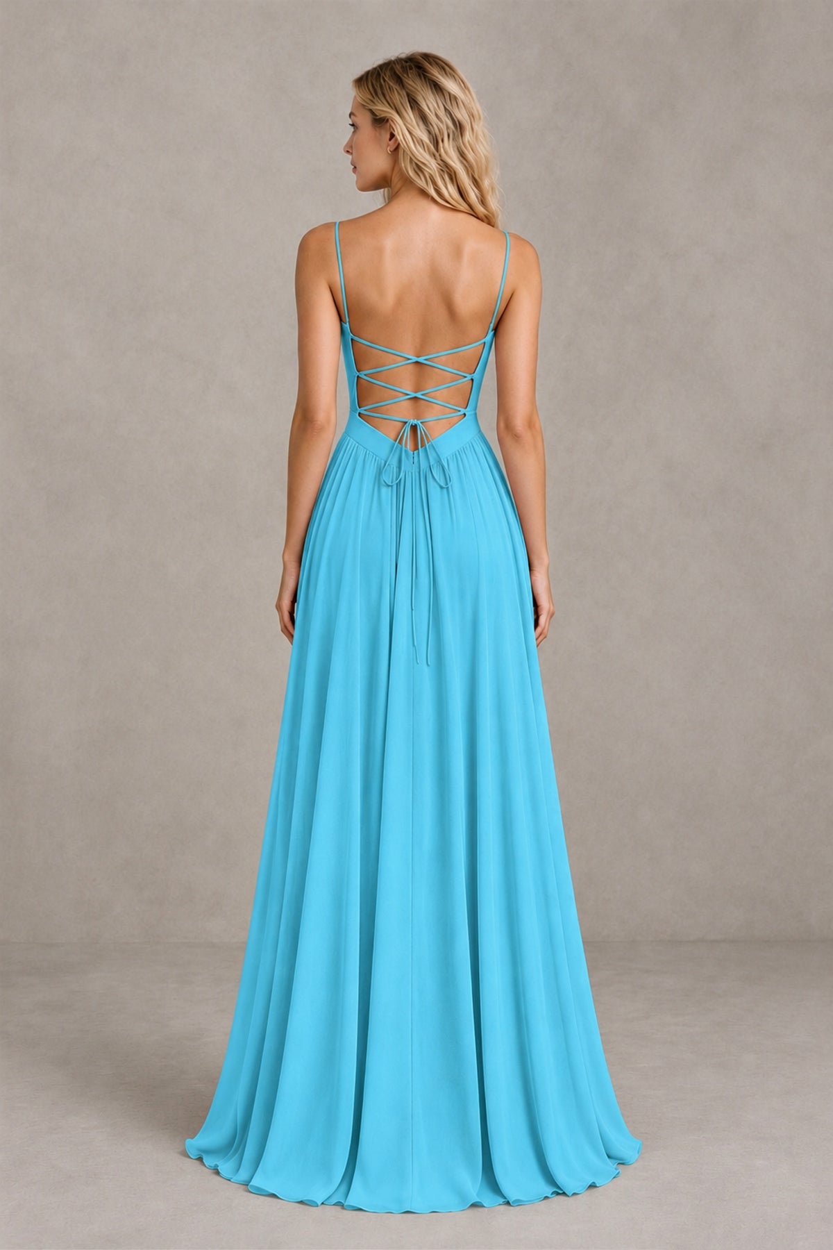 BOLODOO Pool Spaghetti Strap A-Line Bridesmaid Dress with Slit - Pool - Pool_2
