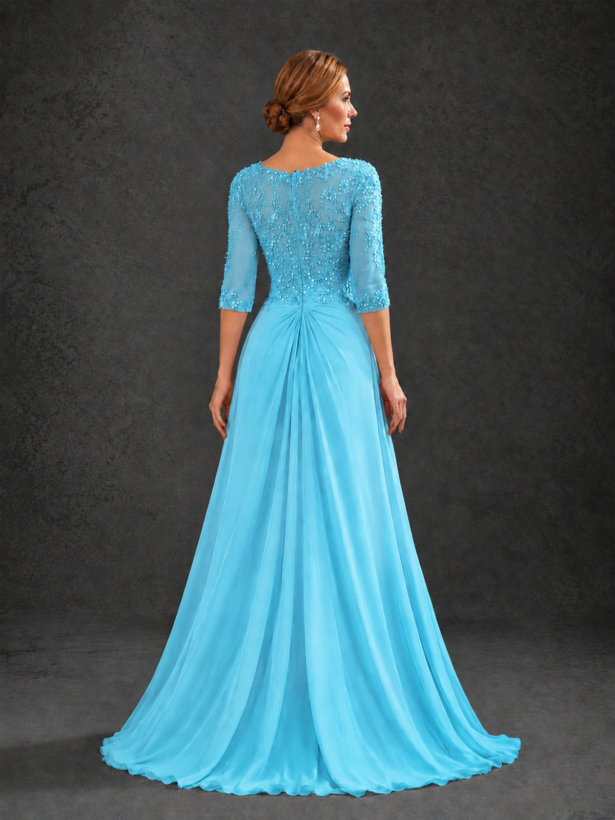 BOLODOO Pool Sweetheart Neck 3/4 Sleeve Floral Lace Illusion Bodice Chiffon A-Line Gown - Pool - Pool_2