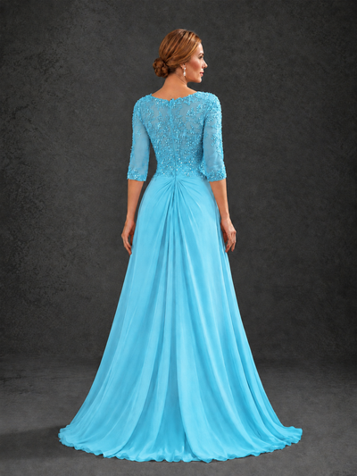 BOLODOO Pool Sweetheart Neck 3/4 Sleeve Floral Lace Illusion Bodice Chiffon A-Line Gown - Pool - Pool_2