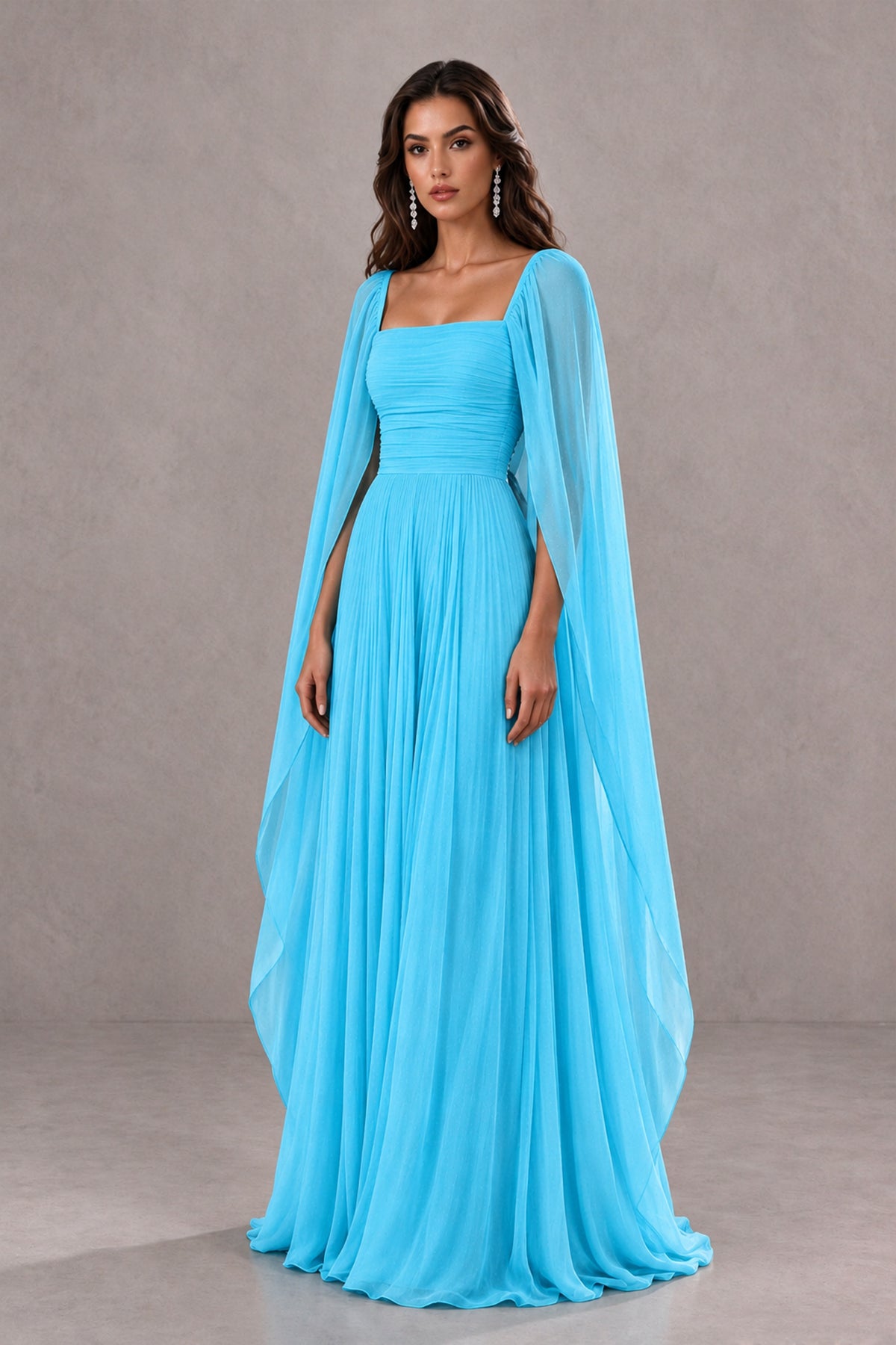 BOLODOO Pool Square Neck Cape Sleeve A-Line Evening Dress - Pool - Pool_3