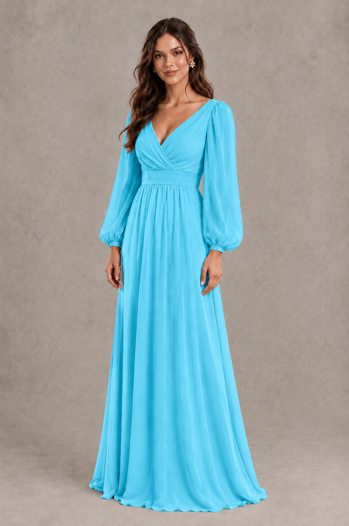 BOLODOO Pool Long Sleeve V-Neck A-Line Bridesmaid Dress - Pool - Pool_3