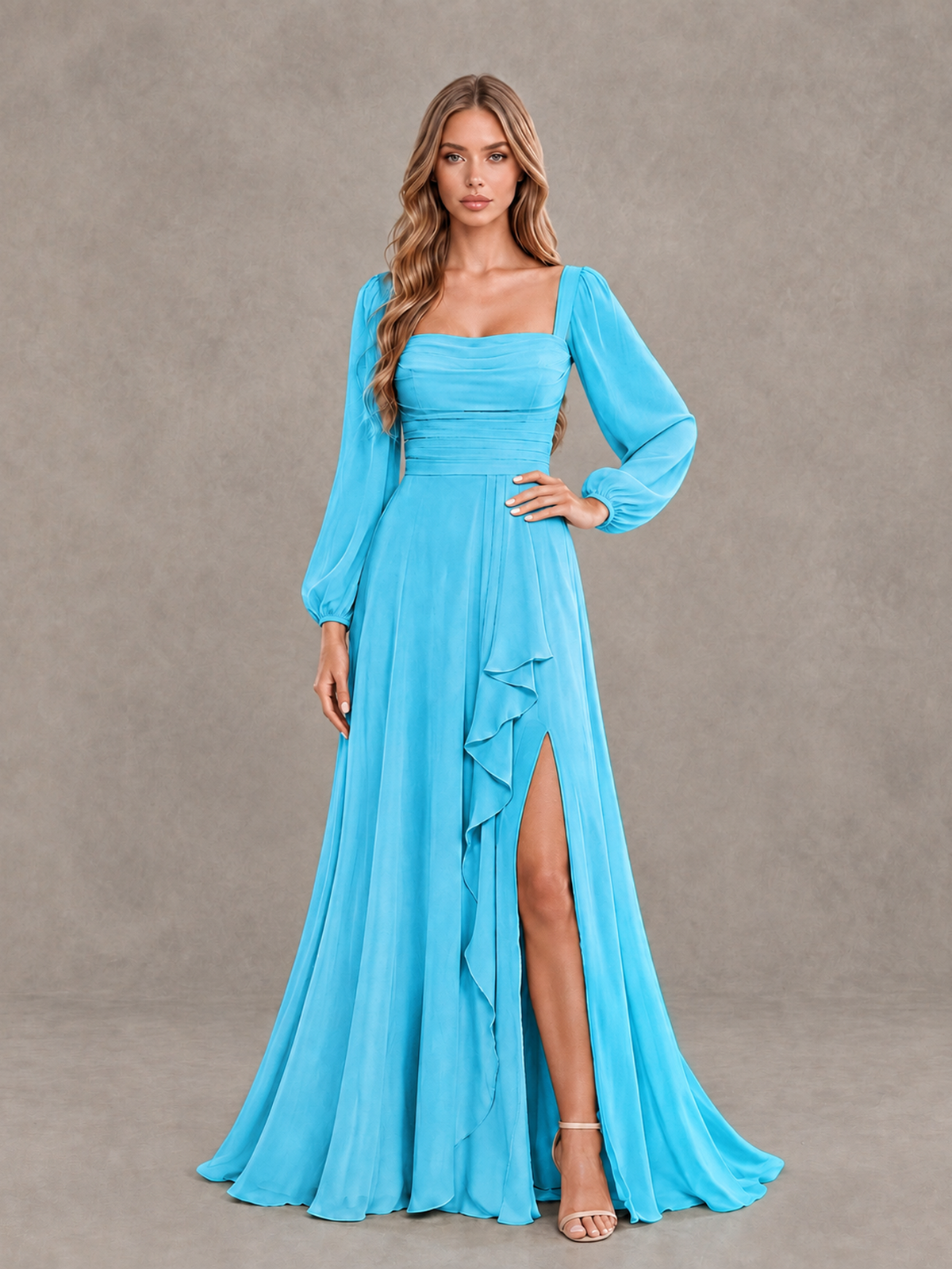 BOLODOO Pool Square Neck Long Sleeve Bridesmaid Dress with Ruffle Slit - Pool - Pool_3