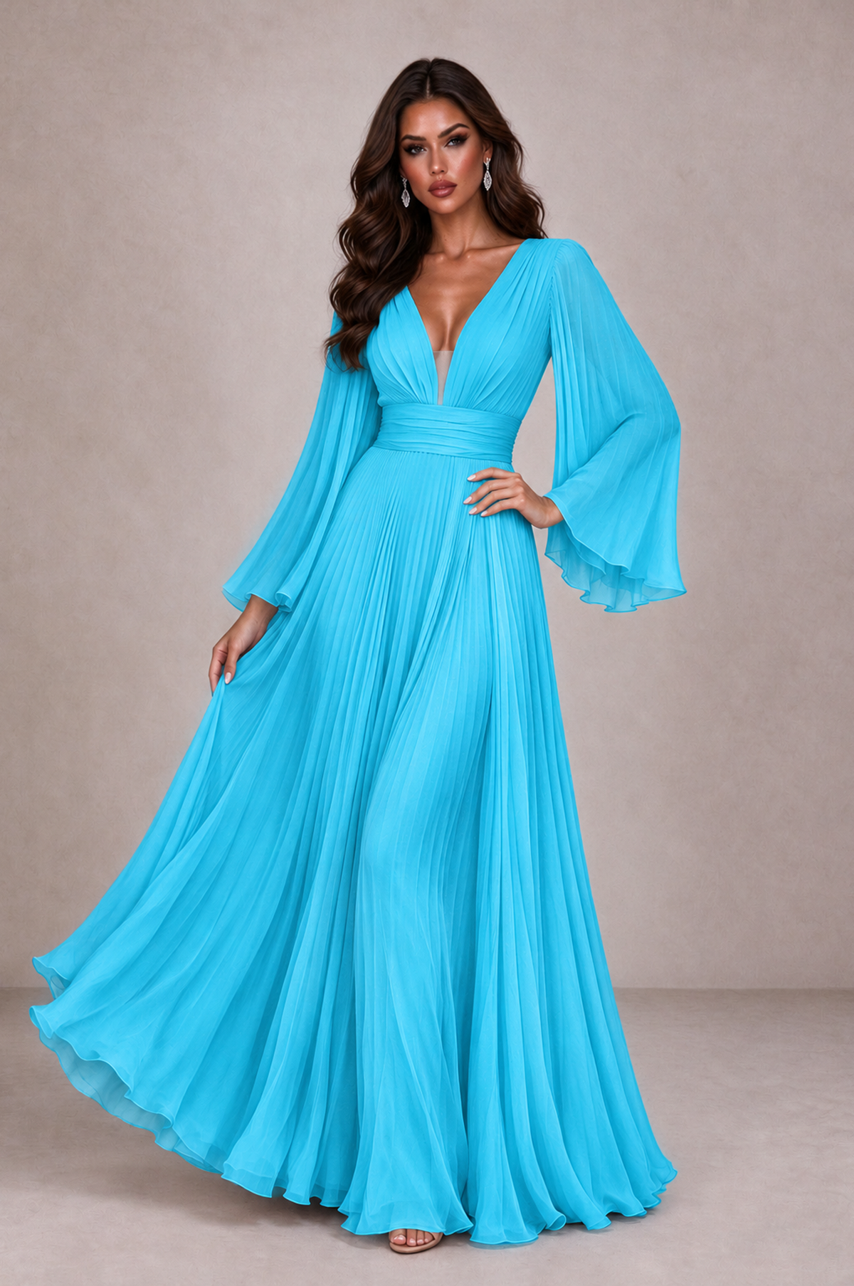 BOLODOO Pool Pleated Deep V-Neck Long Bell Sleeve Evening Dress - Pool - Pool_3