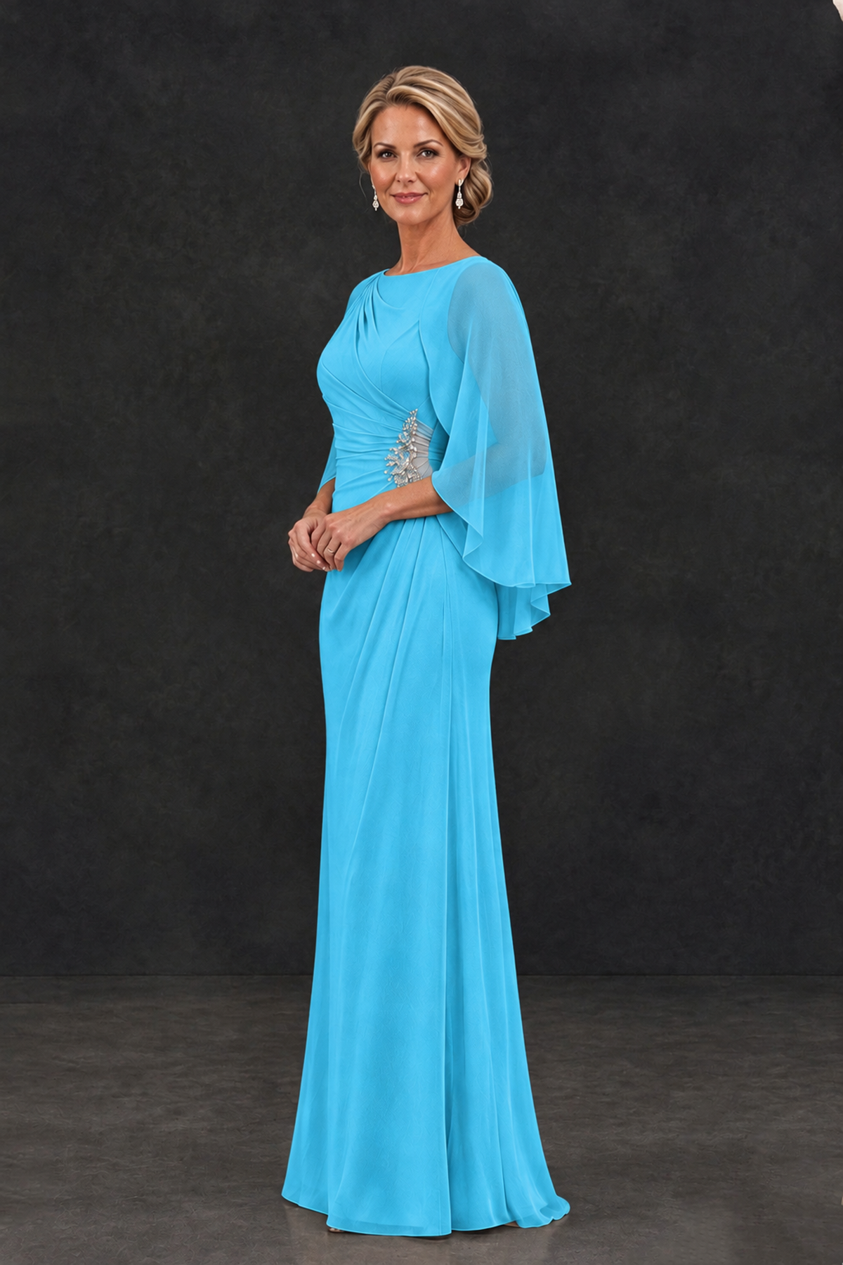 BOLODOO Pool Cape Sleeve Mother of the Bride Dress with Ruched Waist - Pool - Pool_3