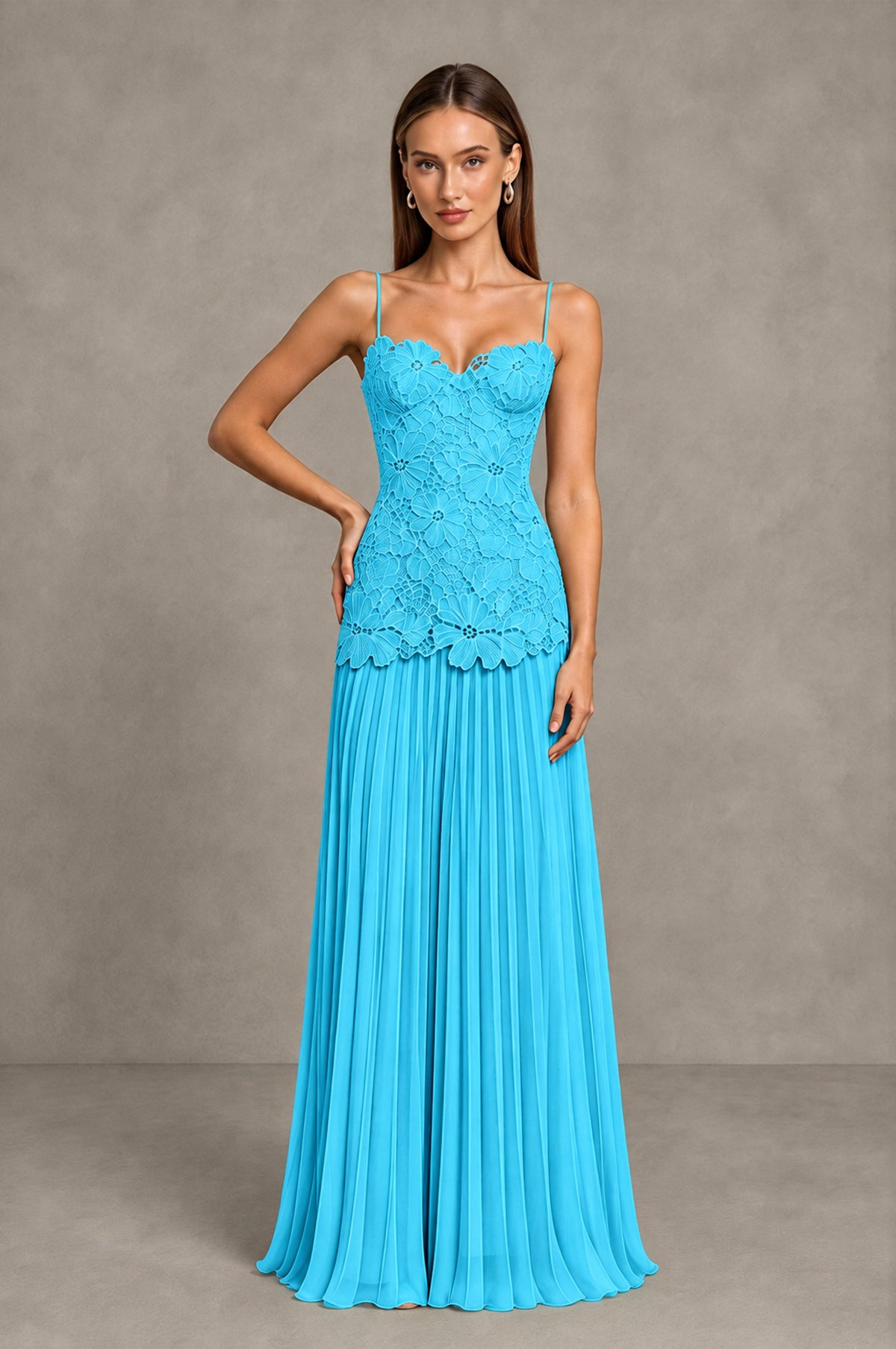 BOLODOO Pool Lace Bodice Pleated Wedding Guest Dress - Pool - Pool_3