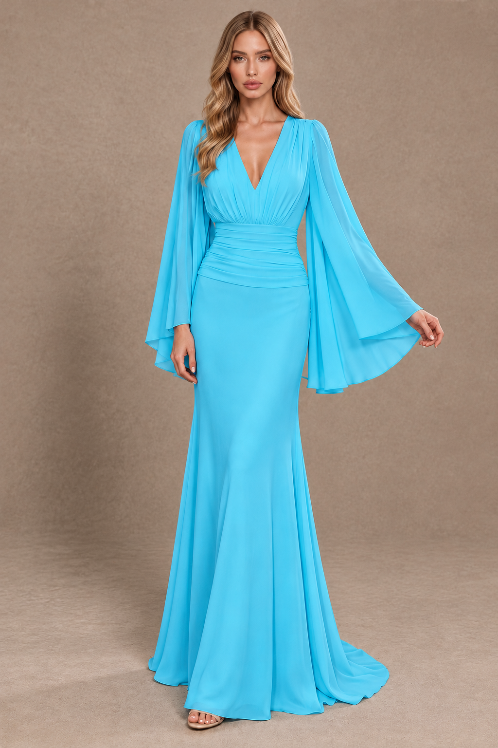 BOLODOO Pool Cape Sleeve V-Neck Ruched Chiffon Evening Dress - Pool - Pool_3