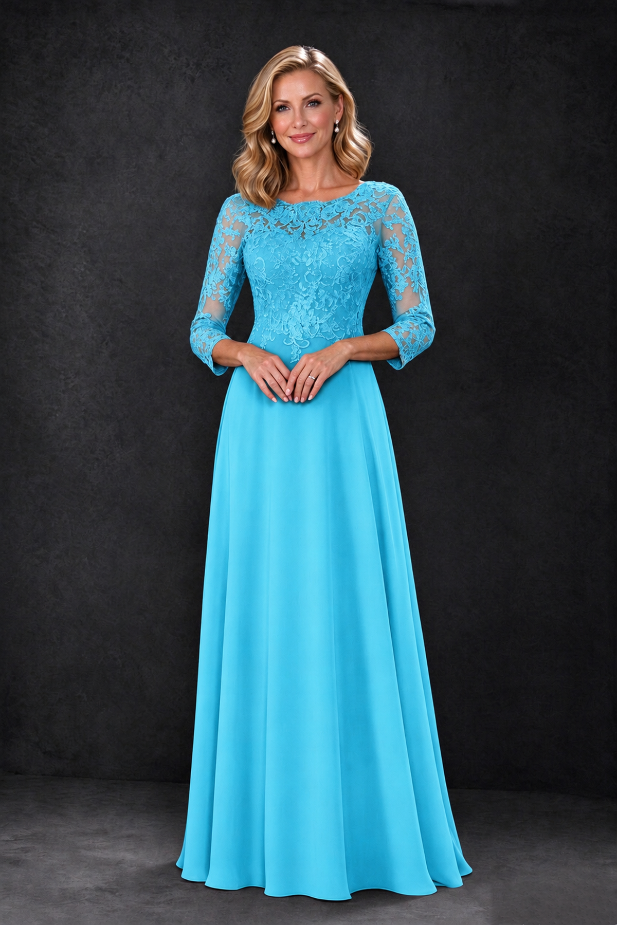 BOLODOO Pool Lace Embroidered Mother of the Bride Dress with 3/4 Sleeves - Pool - Pool_3