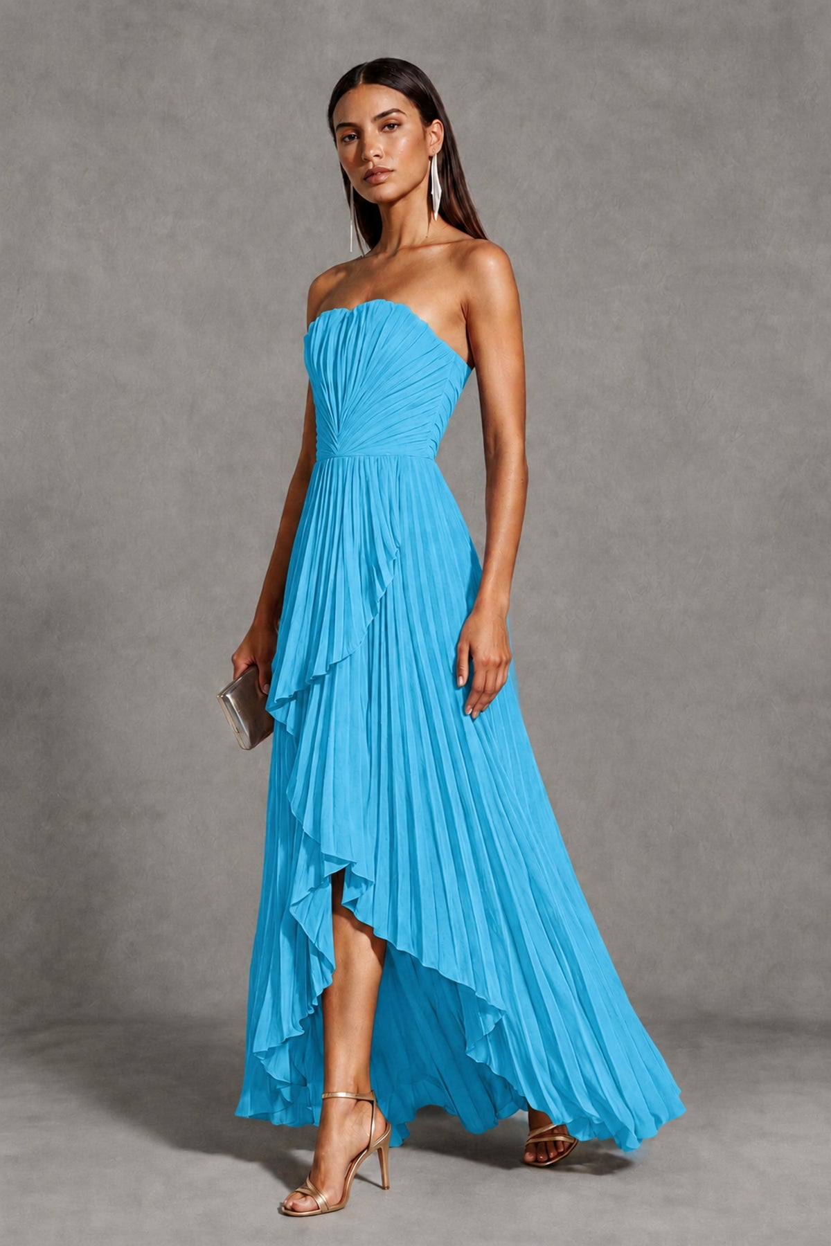 Pool Strapless Pleated High-Low Evening Gown with Ruffle Hem - Pool - Pool_3