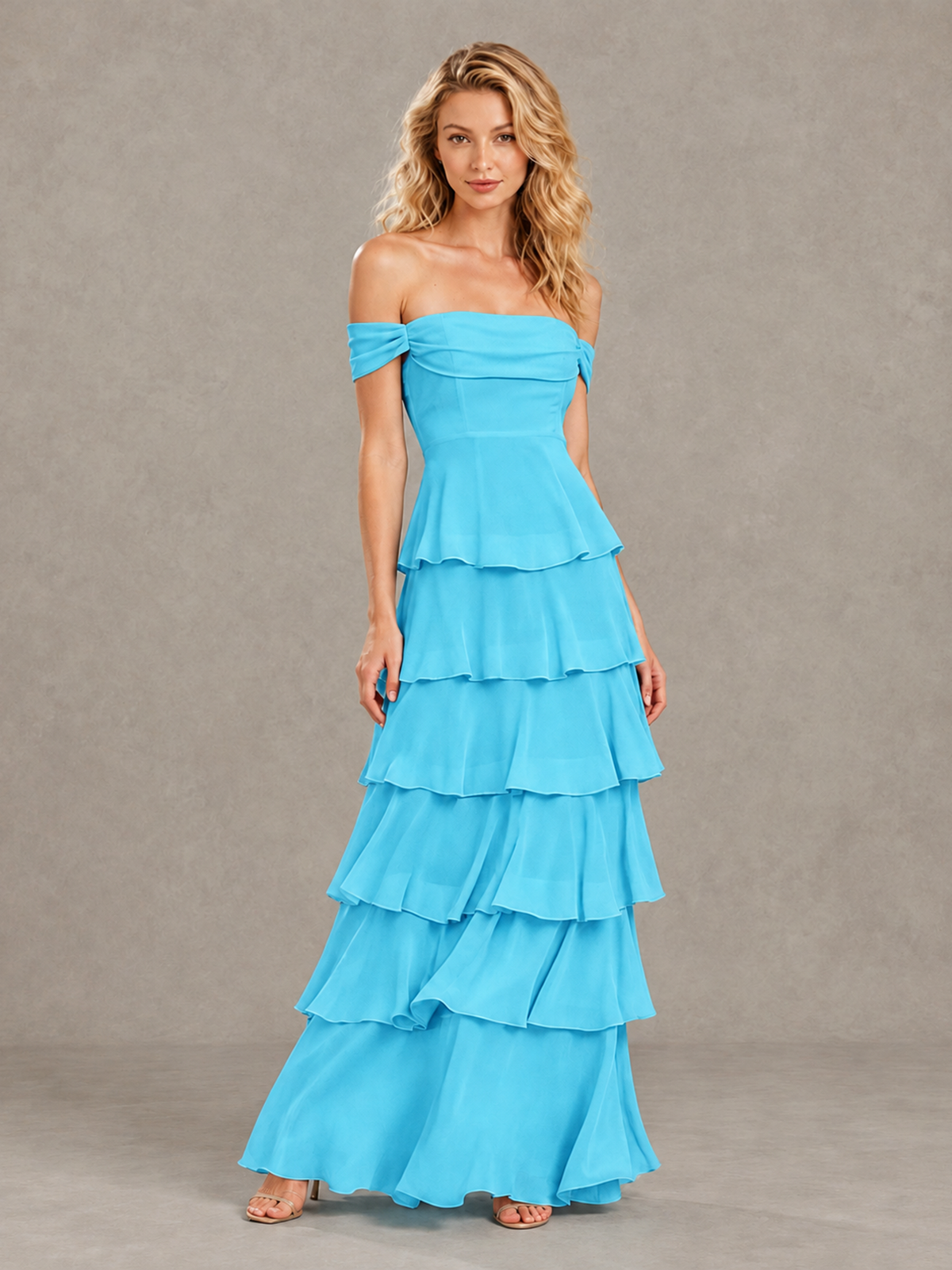 BOLODOO Pool Off-Shoulder Tiered Ruffle Bridesmaid Dress with Lace-Up Back - Pool - Pool_3