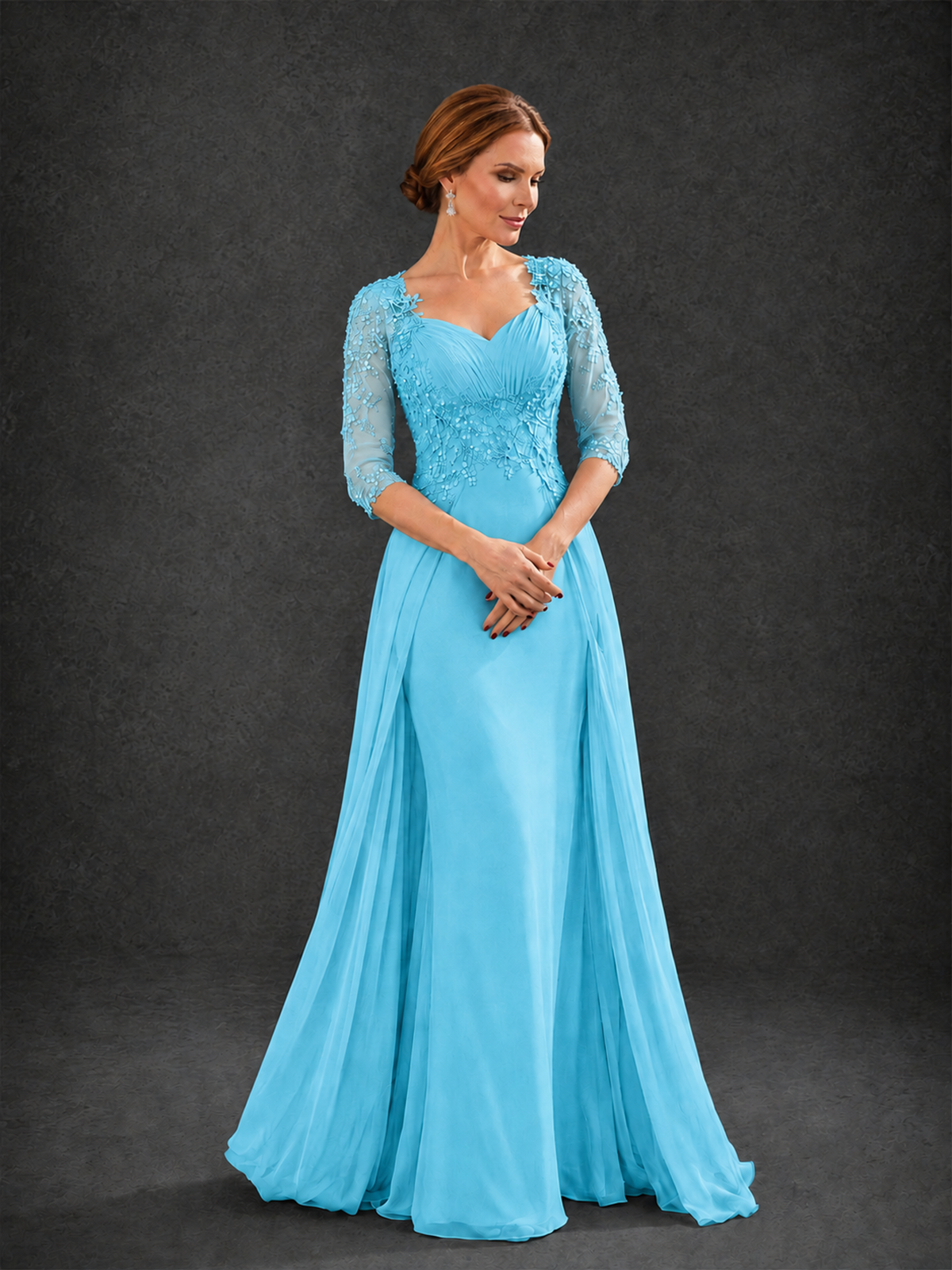 BOLODOO Pool Sweetheart Neck 3/4 Sleeve Floral Lace Illusion Bodice Chiffon A-Line Gown - Pool - Pool_3