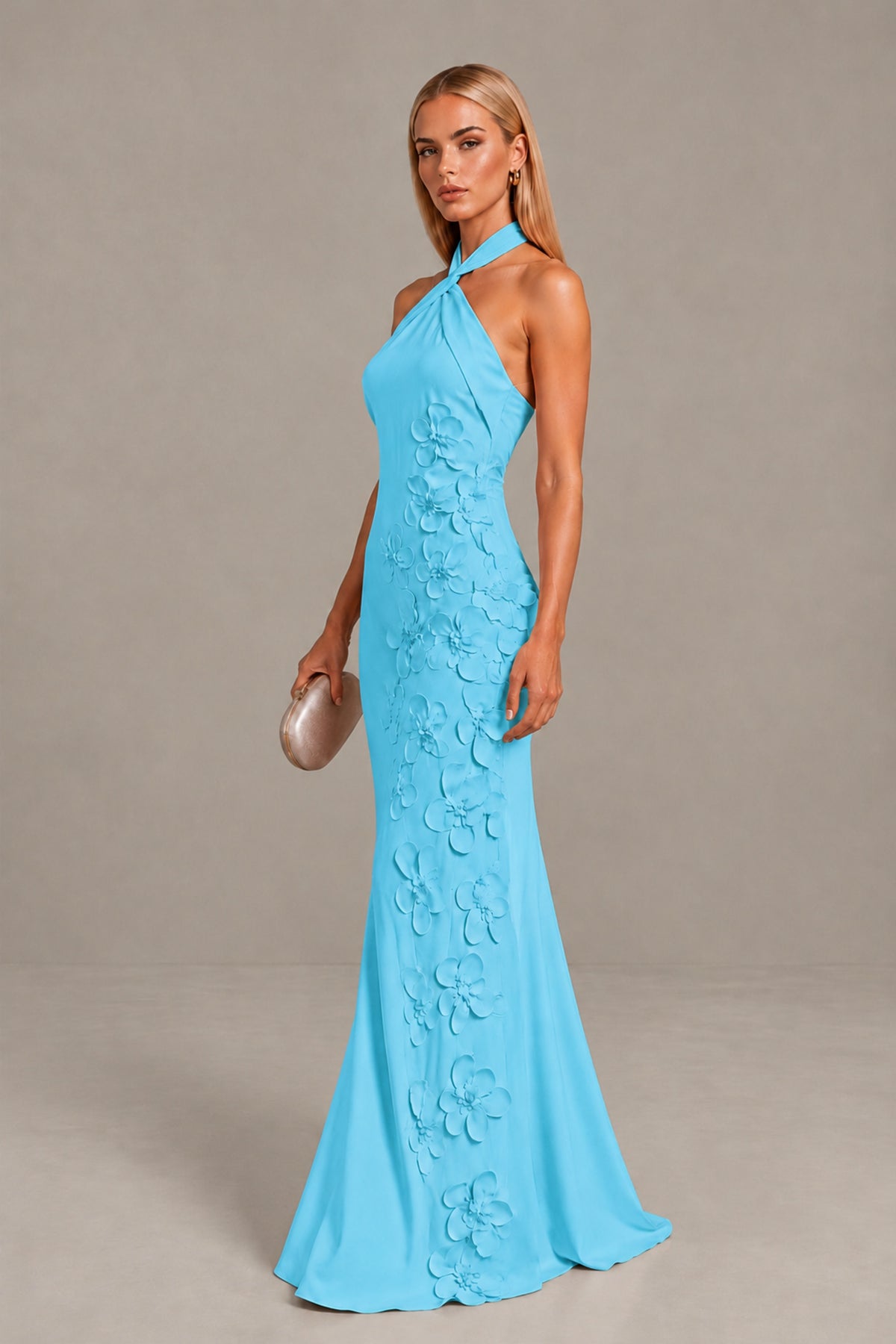 BOLODOO Pool Cross Halter Neck 3D Floral Appliqué Backless Mermaid Maxi Gown - Pool - Pool_3