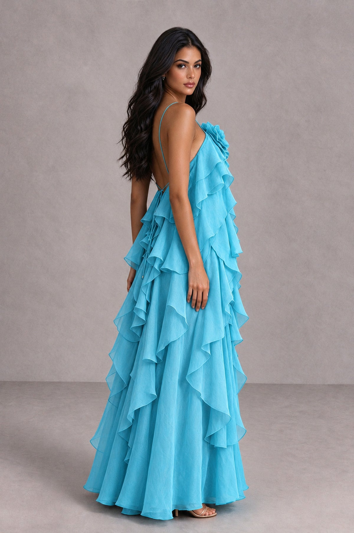BOLODOO Pool Cascading Ruffle Rosette Open-Back Maxi Dress - Pool - Pool_3