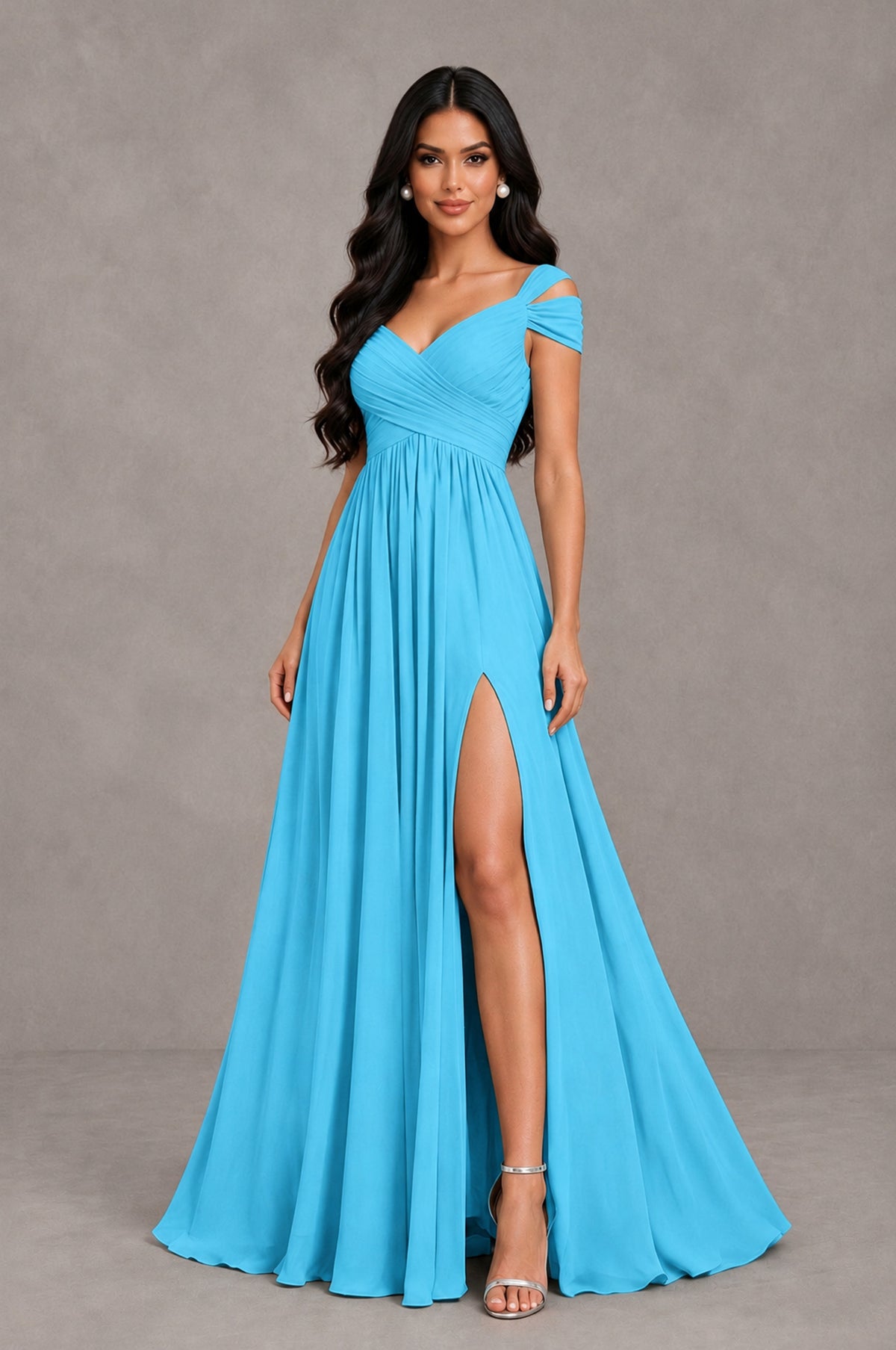 BOLODOO Pool Cold Shoulder Chiffon Evening Dress with V Neck and High Slit - Pool - Pool_3