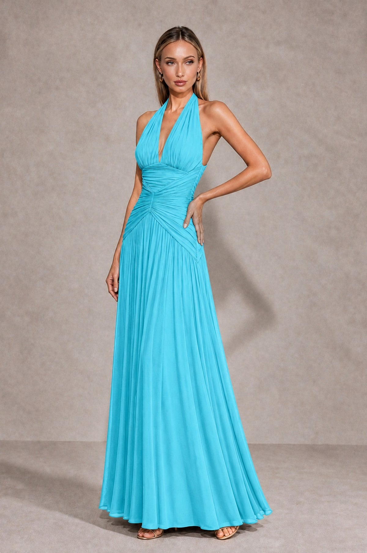BOLODOO Pool Chiffon Halter Deep V-Neck Ruched A-Line Backless Maxi Dress with Train-BD0167 - Pool - Pool_3