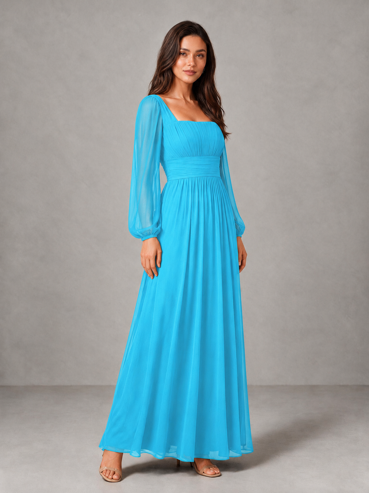 BOLODOO Pool Square Neck Long Sleeve Chiffon Bridesmaid Dress - Pool - Pool_3