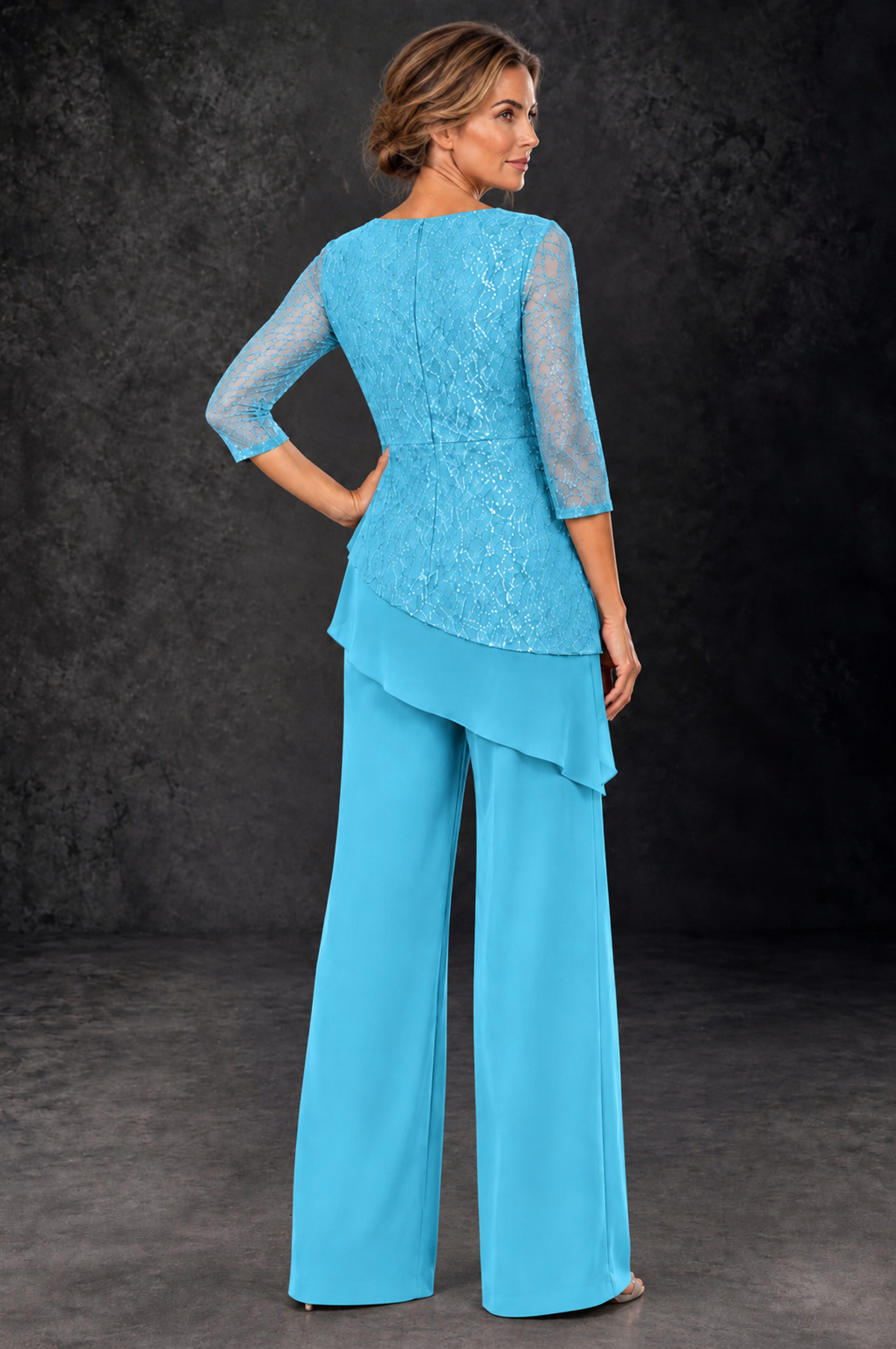 BOLODOO Pool Sequin Lace 3/4 Sleeve Chiffon Mother of the Bride Pant Suit - Pool - Pool_3