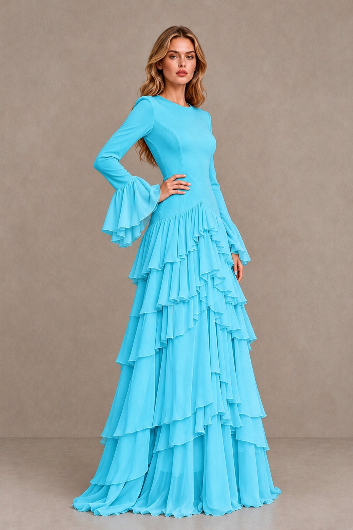 Pool Long Sleeve Tiered Ruffle Evening Gown - Pool - Pool_3