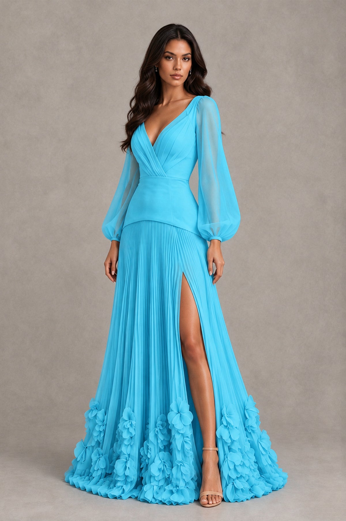 BOLODOO Pool V-Neck Long Sleeve Pleated Floral Hem Evening Dress - Pool - Pool_3