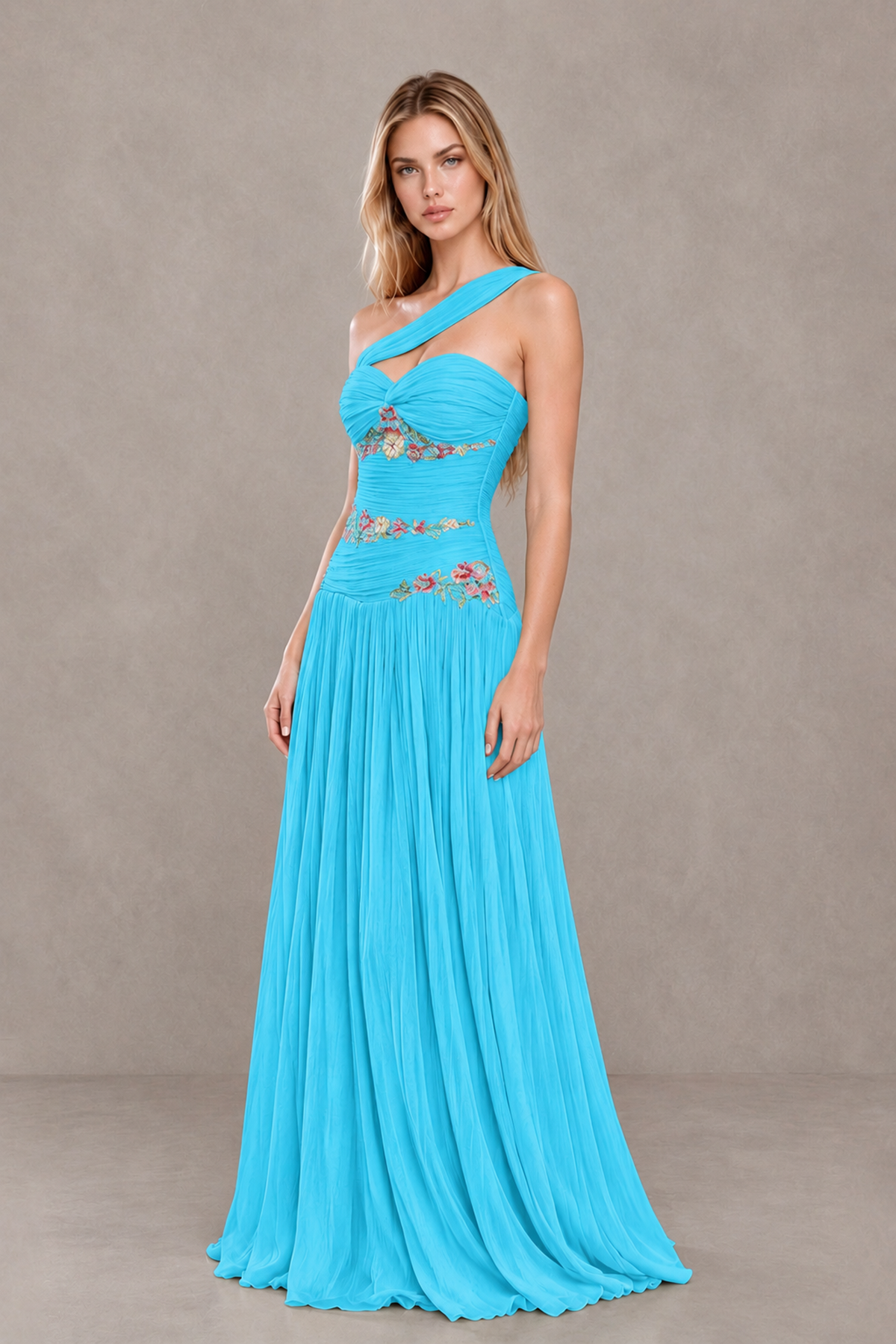 BOLODOO Pool One-Shoulder Floral Applique A-Line Evening Dress - Pool - Pool_3