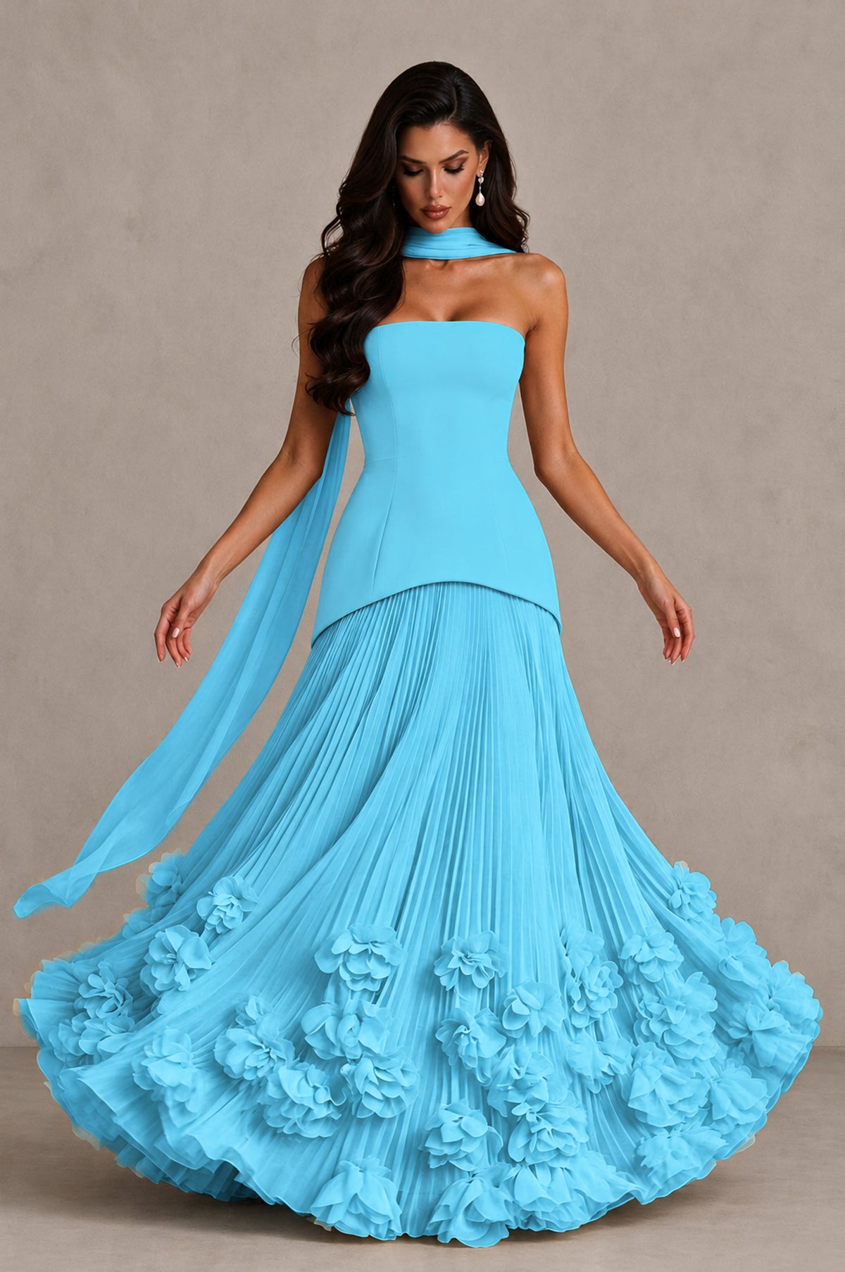 BOLODOO Pool Strapless Pleated Floral Hem Evening Gown - Pool - Pool_3