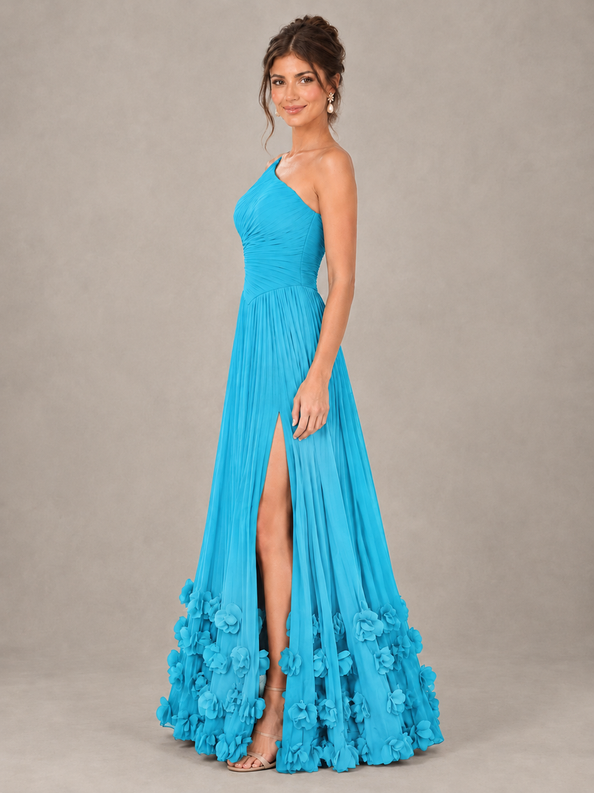 BOLODOO Pool One-Shoulder Pleated Bridesmaid Dress with 3D Floral Hem - Pool - Pool_3