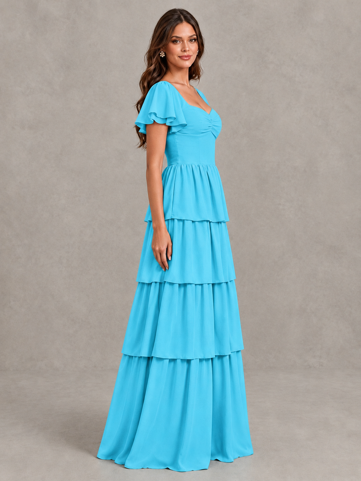 BOLODOO Pool Flutter Sleeve Tiered Maxi Bridesmaid Dress - Pool - Pool_3