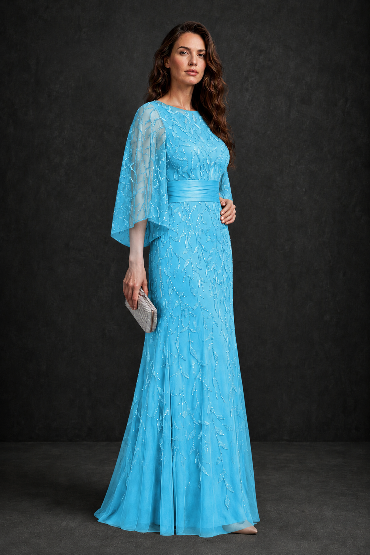BOLODOO Pool Bateau Neck Bell Sleeve Sequin Embroidered Satin Waist A-Line Maxi Dress - Pool - Pool_3