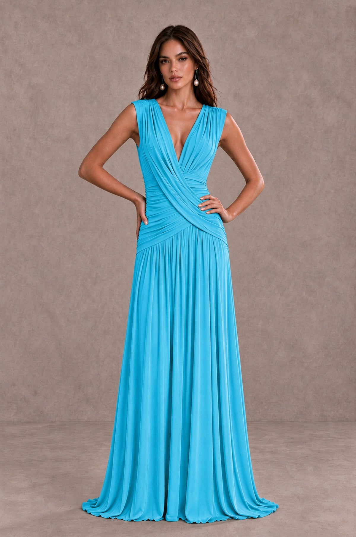 BOLODOO Pool V-Neck Ruched Wedding Guest Dress - Pool - Pool_3