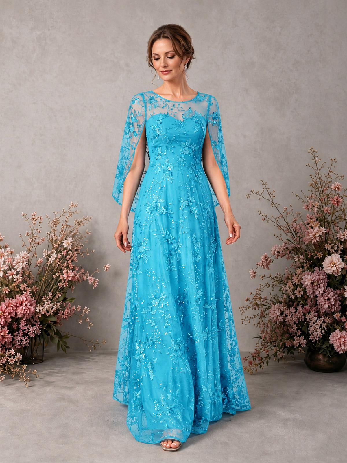 BOLODOO Pool Sequin Lace Cape Sleeve Formal Evening Gown - Pool - Pool_3