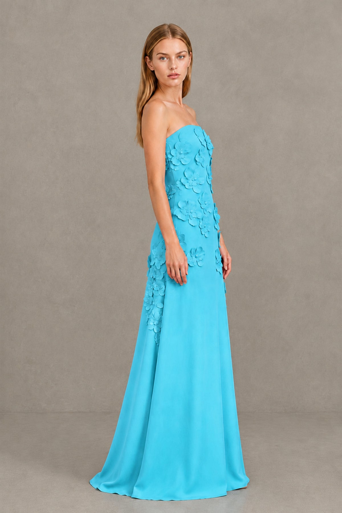 BOLODOO Pool Strapless 3D Floral Appliqué Crepe Maxi Gown - Pool - Pool_3