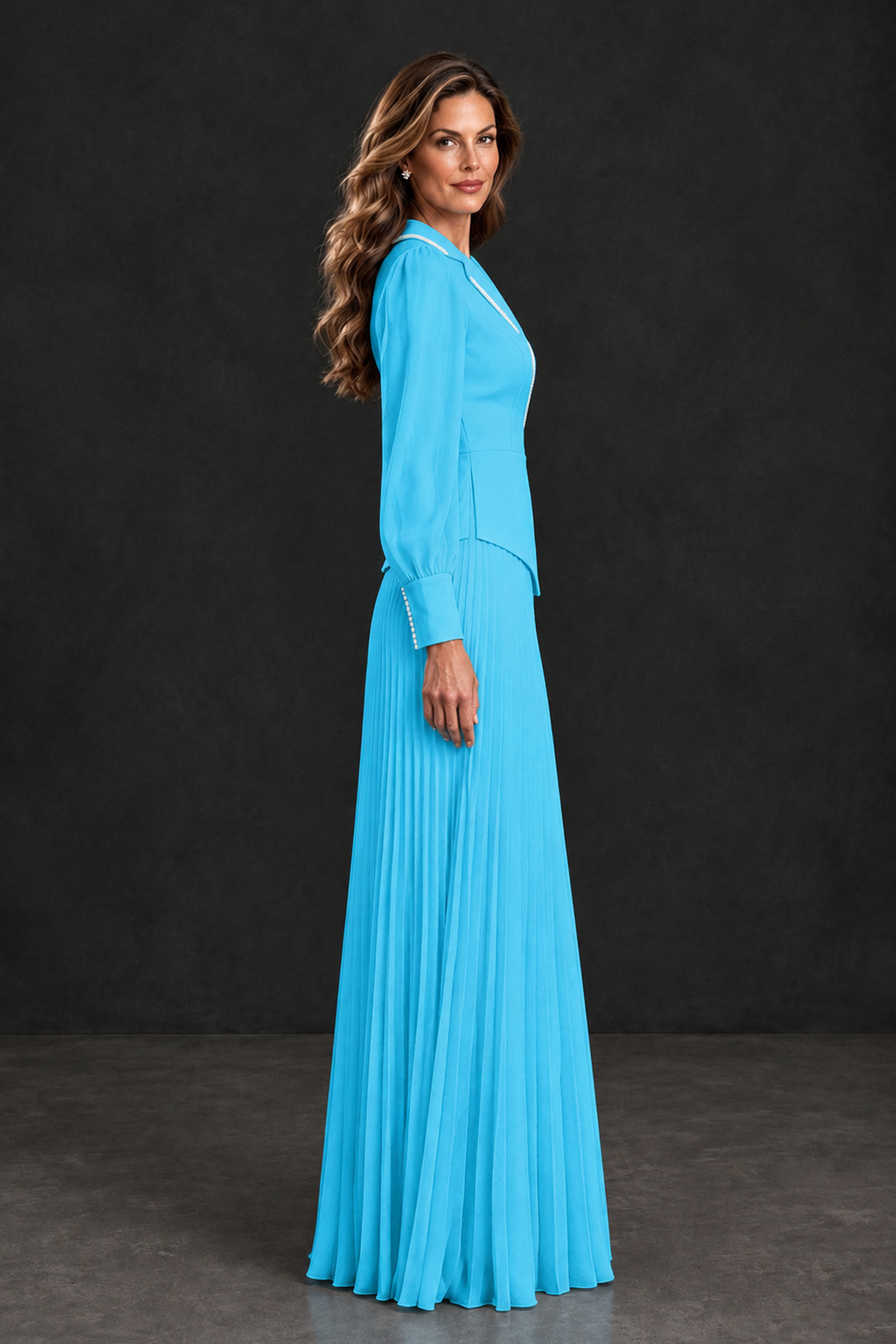 BOLODOO Pool Long Sleeve Pleated Mother of the Bride Dress - Pool - Pool_3