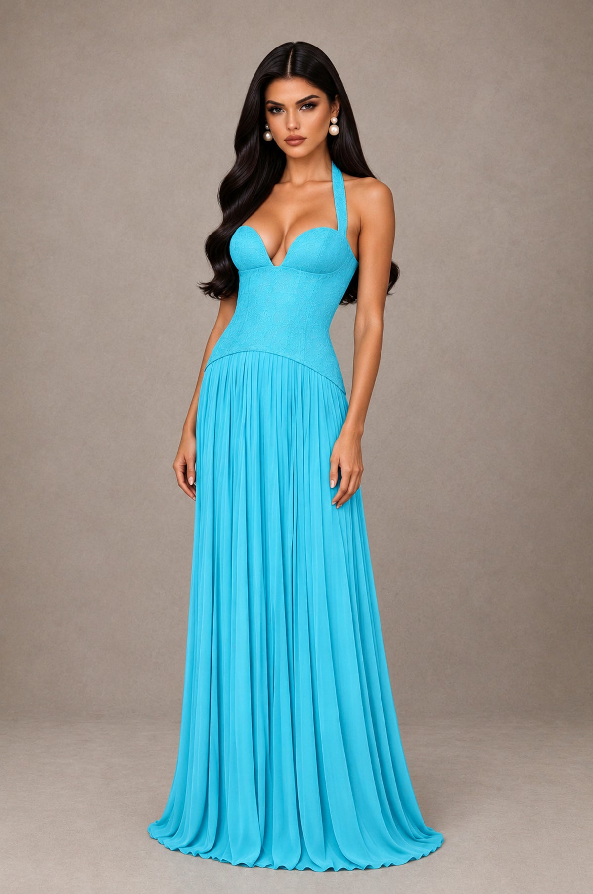 BOLODOO Pool Halter Corset Pleated A-Line Evening Dress - Pool - Pool_3