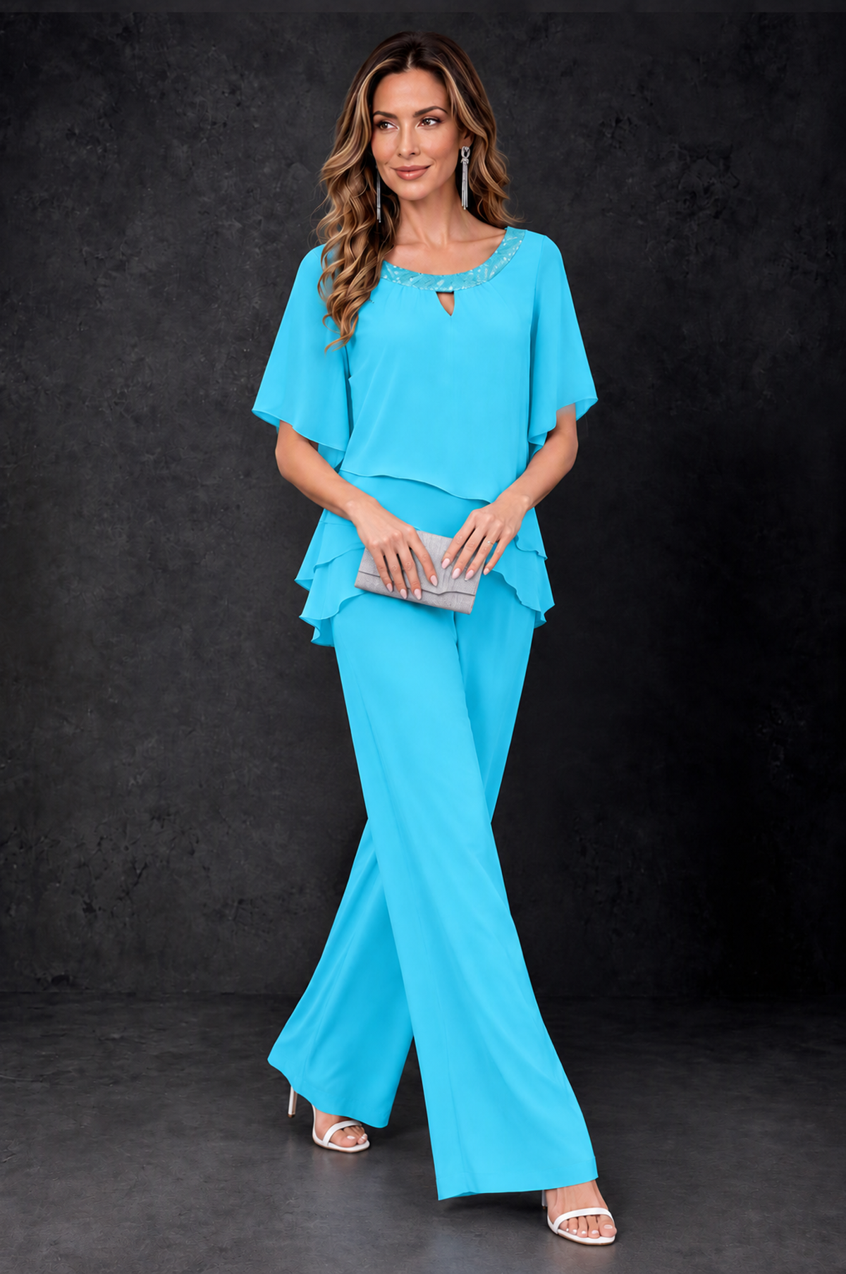 BOLODOO Pool Layered Chiffon-Look Mother of the Bride Pantsuit - Pool - Pool_3
