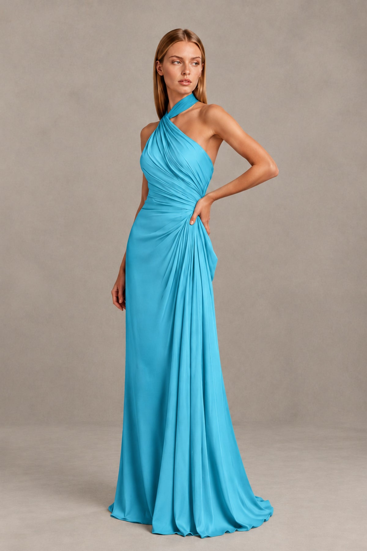 BOLODOO Pool Twisted Halter Neck Ruched Sleeveless Open Back Floor-Length Gown - Pool - Pool_3