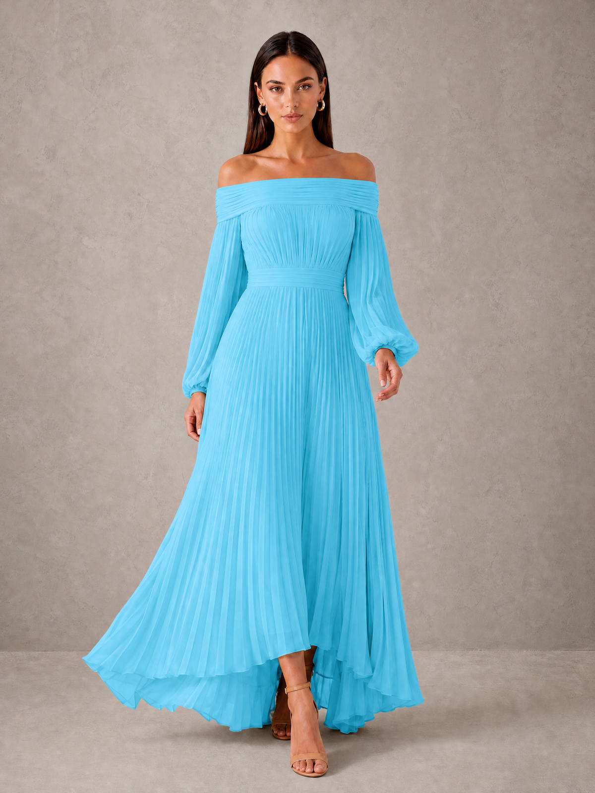 BOLODOO Pool Off-Shoulder Long Sleeve Pleated High-Low Dress - Pool - Pool_3