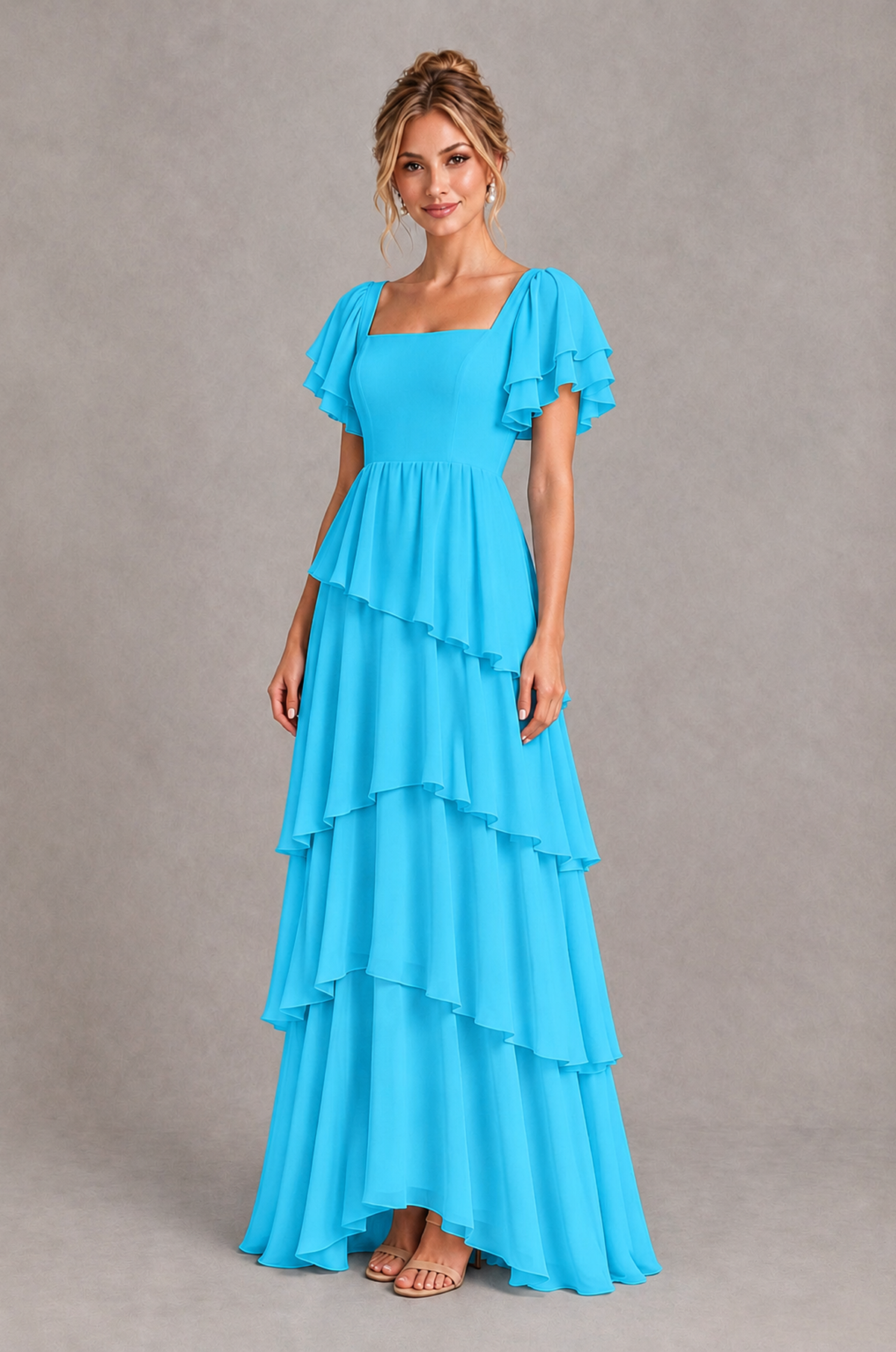 BOLODOO Pool Square Neck Flutter Sleeve Tiered Chiffon Bridesmaid Dress with Lace-Up Back - Pool - Pool_3