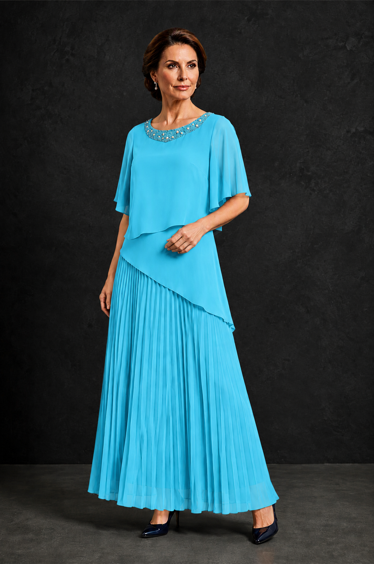 BOLODOO Pool Pearl Beaded Neck Asymmetric Tiered Flutter Sleeve Pleated Chiffon Maxi Dress - Pool - Pool_3