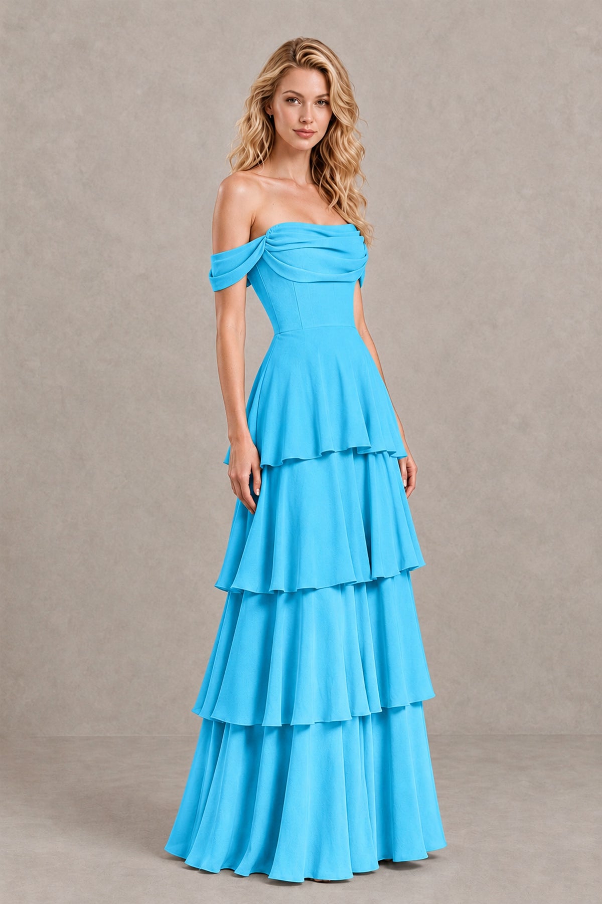 BOLODOO Pool Off-the-Shoulder Tiered A-Line Evening Bridesmaid Dress - Pool - Pool_3