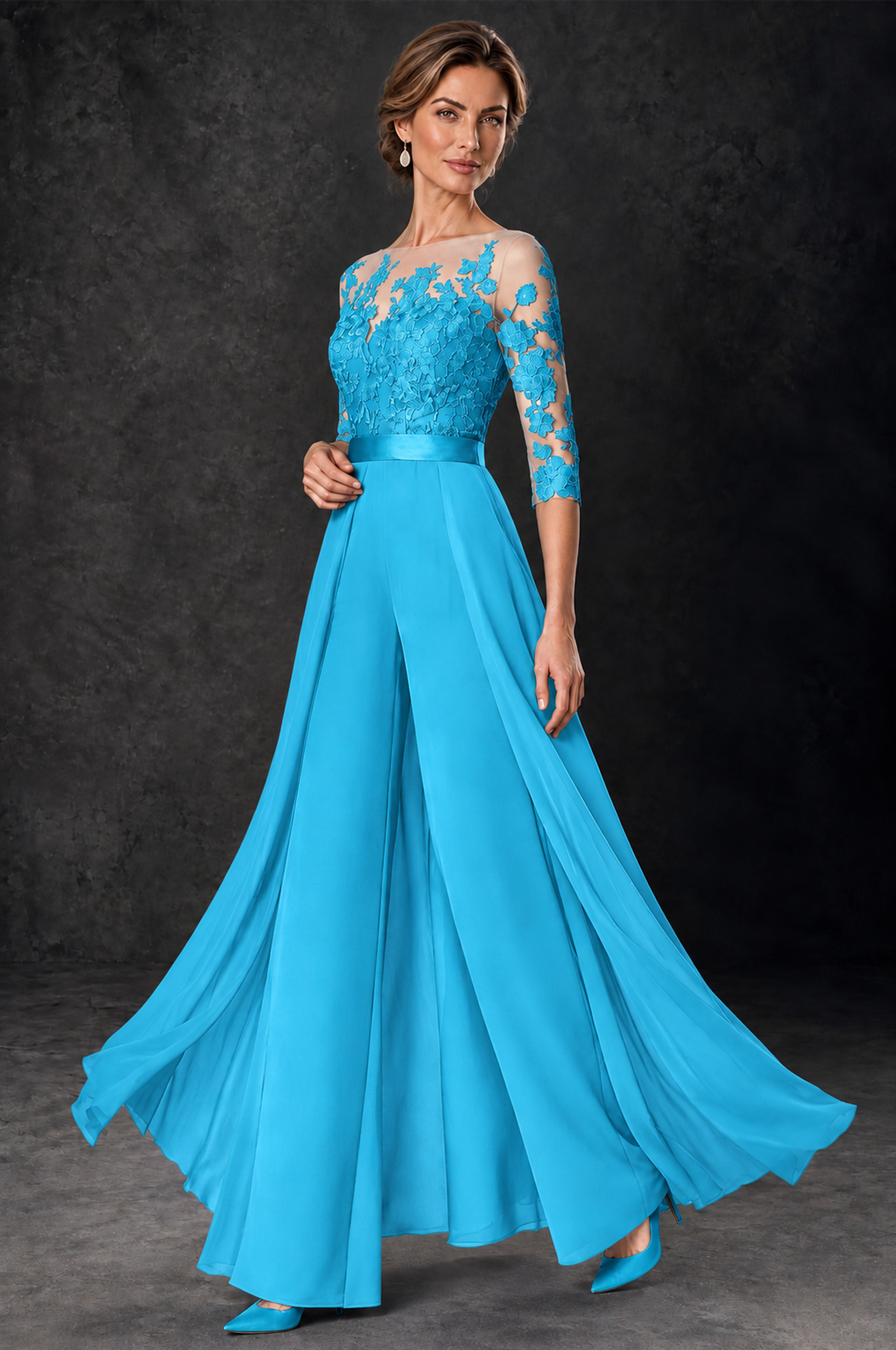 BOLODOO Pool Lace Wide-Leg Jumpsuit with Three-Quarter Sleeves - Pool - Pool_3