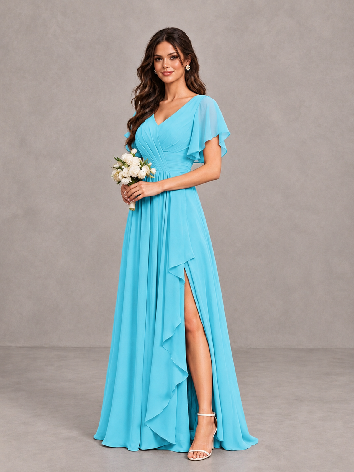 BOLODOO Pool Flutter Sleeve V-Neck Bridesmaid Dress with Ruffle Slit - Pool - Pool_3