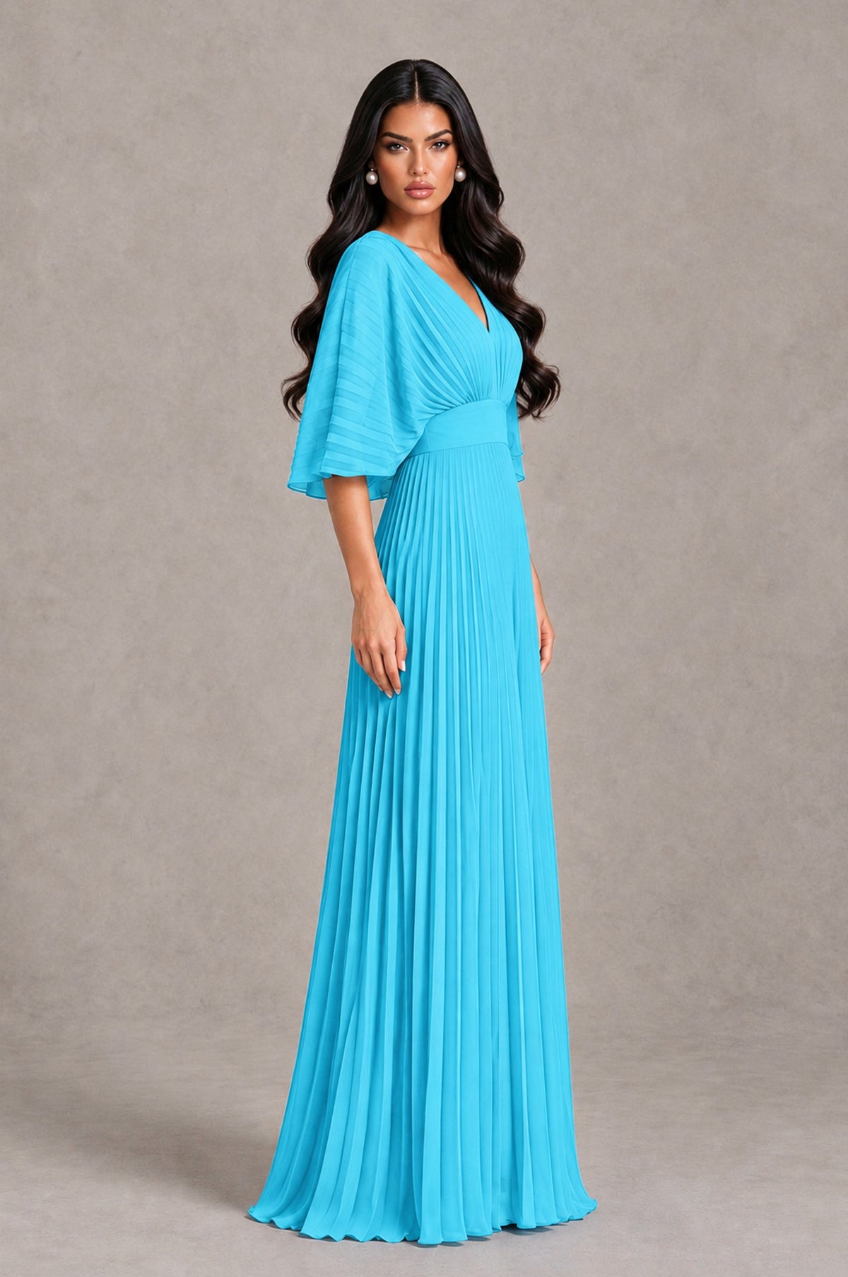 BOLODOO Pool V-Neck Pleated Flutter Sleeve Formal Dress - Pool - Pool_3