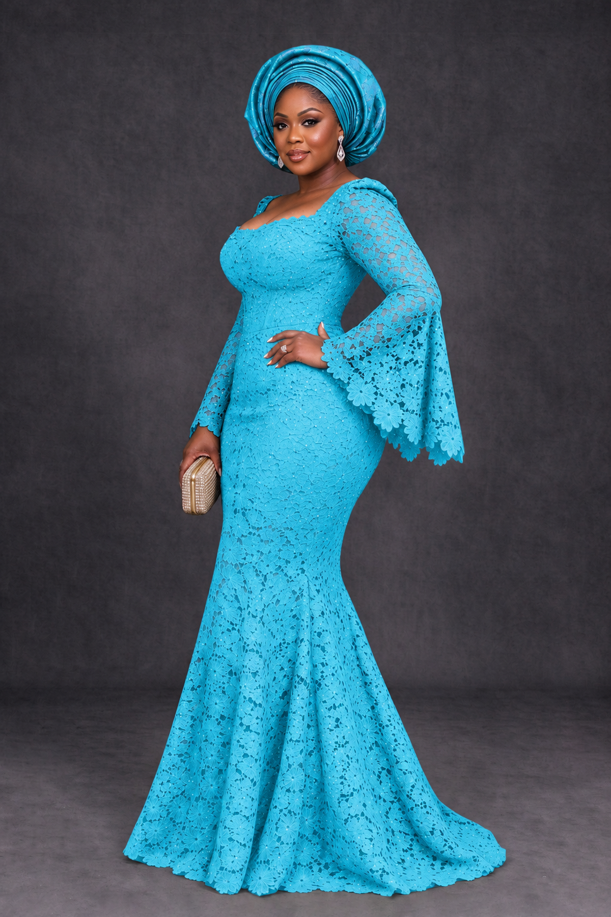 BOLODOO Pool African Lace Mermaid Dress, Plus Size Nigerian Wedding Guest Gown with Bell Sleeves - Pool - Pool_3
