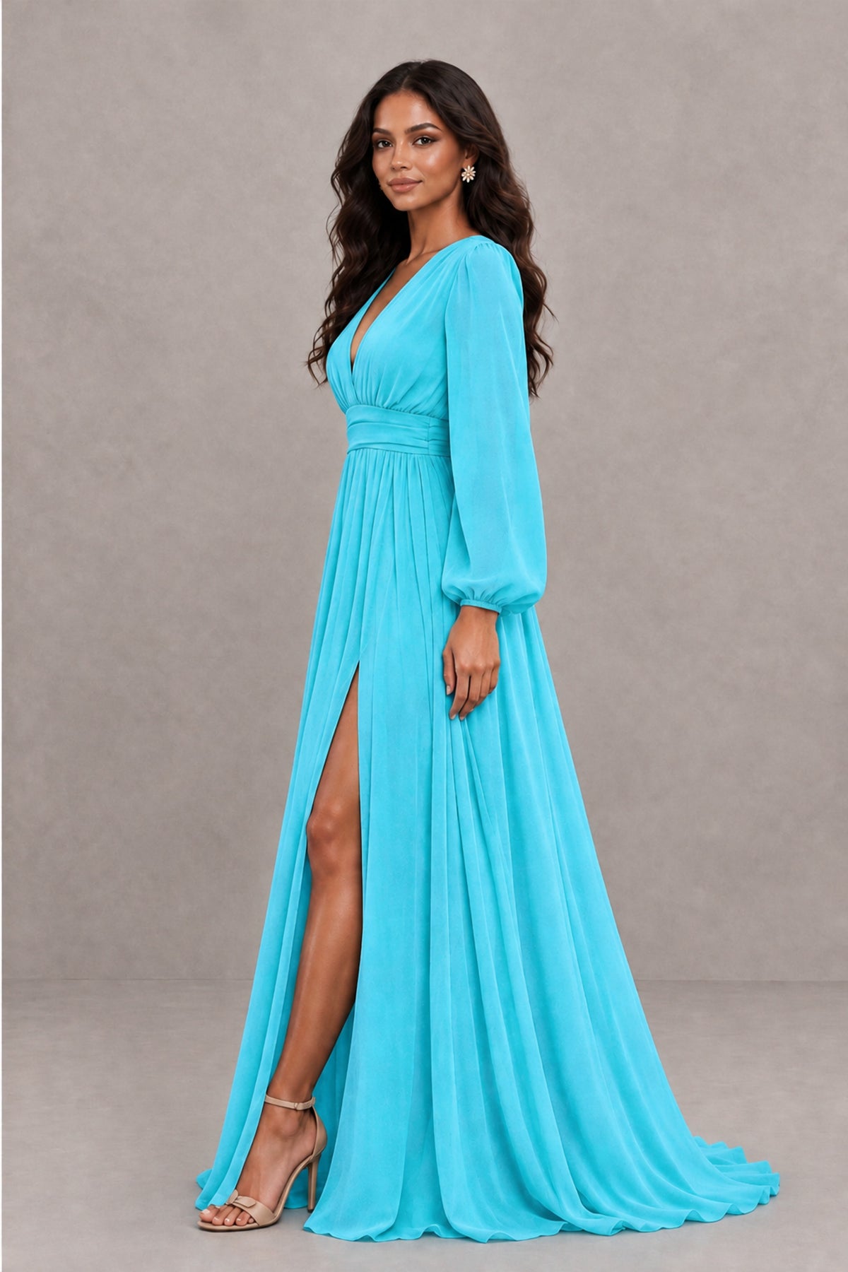 BOLODOO Pool Long Sleeve V-Neck A-Line Gown with Open Back & Slit - Pool - Pool_3