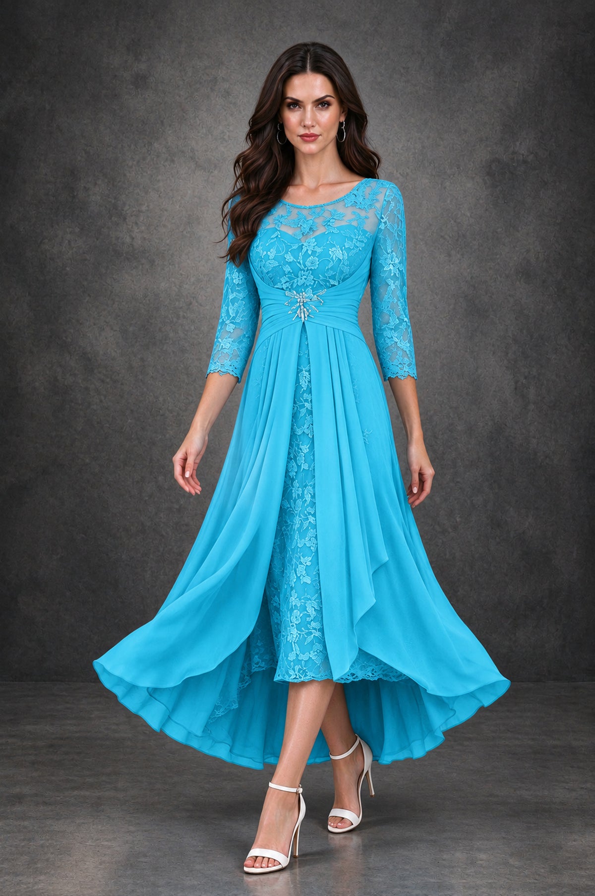 BOLODOO Pool Sequin Lace & Chiffon Tea-Length Mother of the Bride Dress with 3/4 Sleeves - Pool - Pool_3