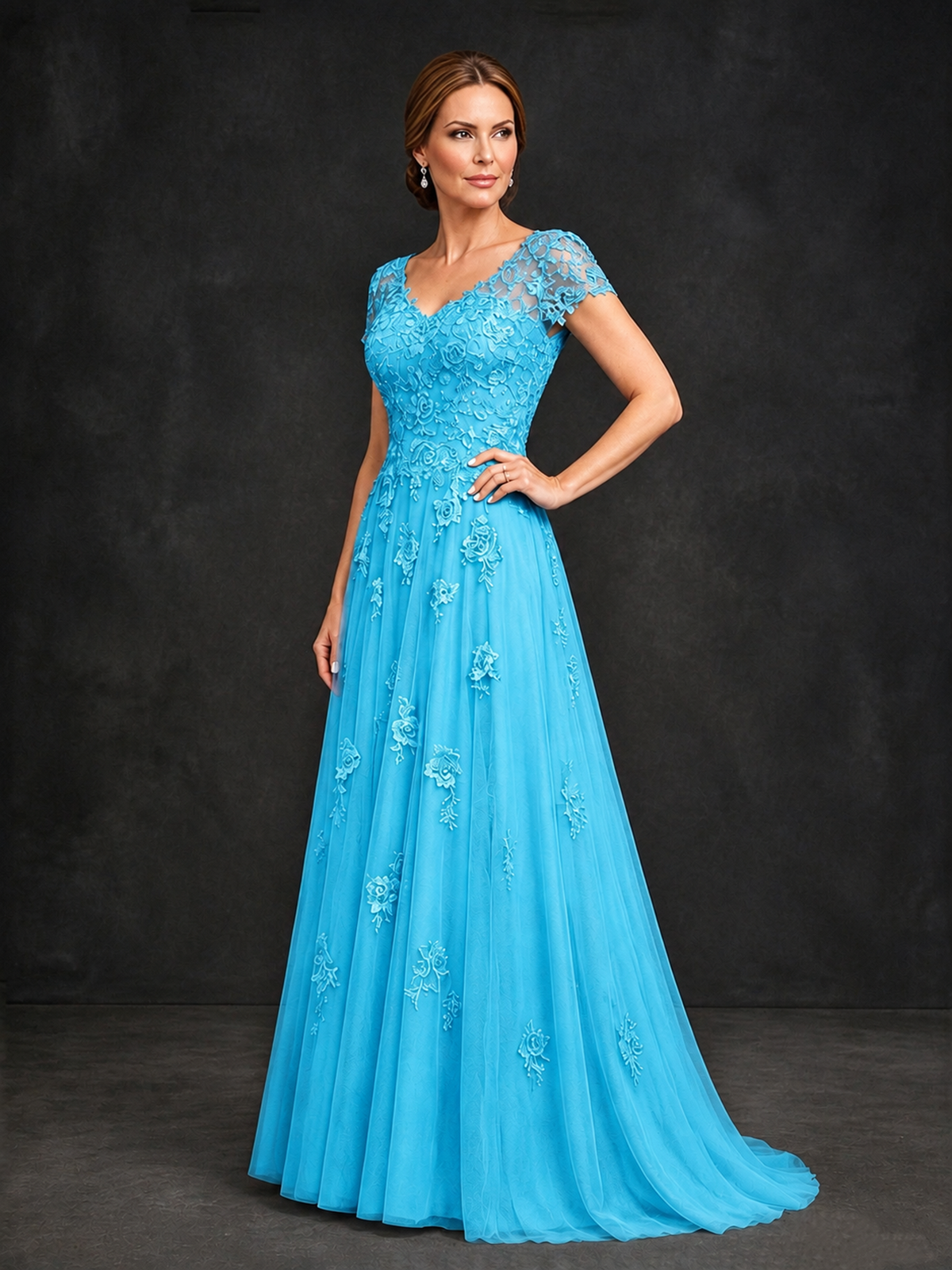 BOLODOO Pool Cap Sleeve Lace Appliqué A-Line Formal Gown | Mother of the Bride Dress - Pool - Pool_3