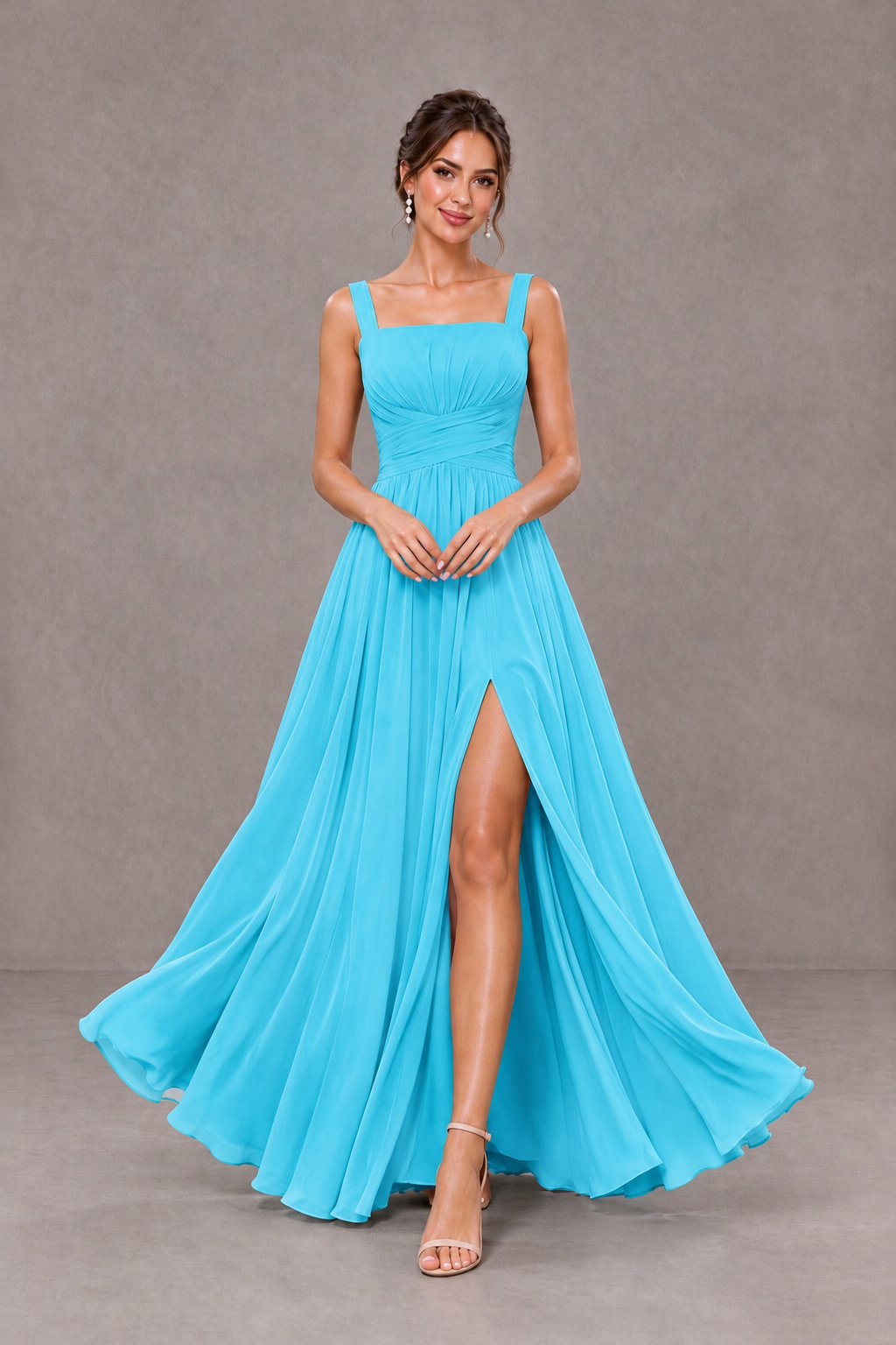 BOLODOO Pool Square Neck A-Line Bridesmaid Dress with Slit - Pool - Pool_3
