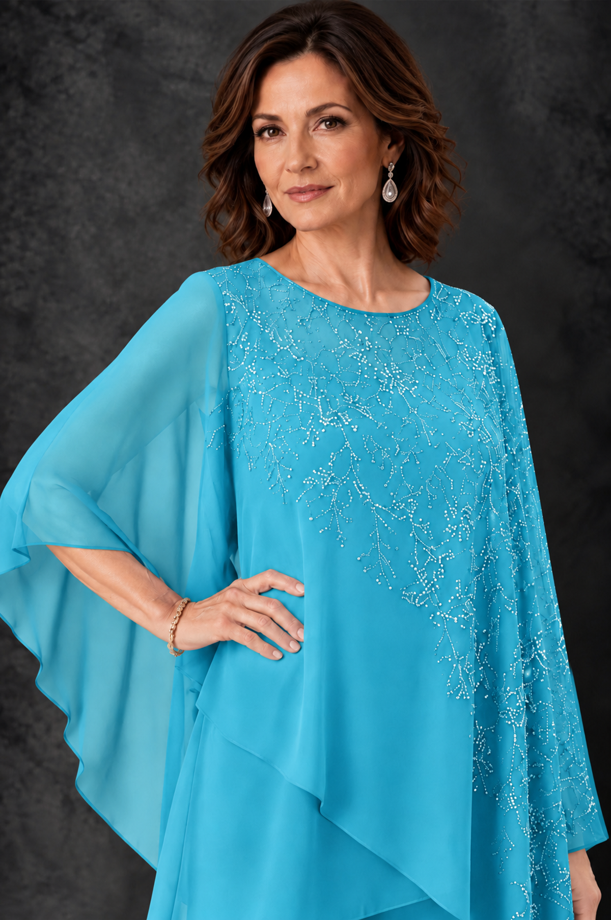 BOLODOO Pool Embellished Cape Pant Suit for Mother of the Bride - Pool - Pool_3